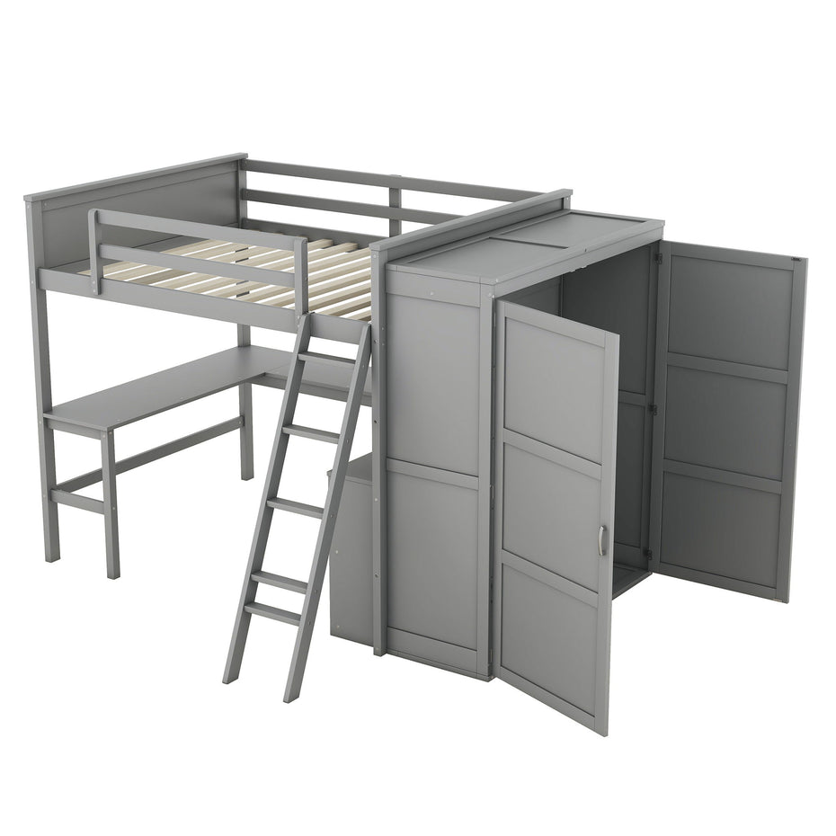 Full Size Loft Bed With Desk, Shelves And Wardrobe - Gray