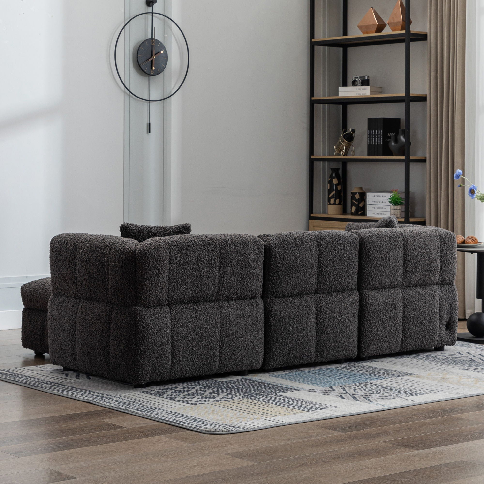 Sectional Sofa Cozy Teddy Fleece Sectional Sofa Couch With Two USB Ports A Movable Storage Ottoman And Two Lumbar Pillows For Living Room