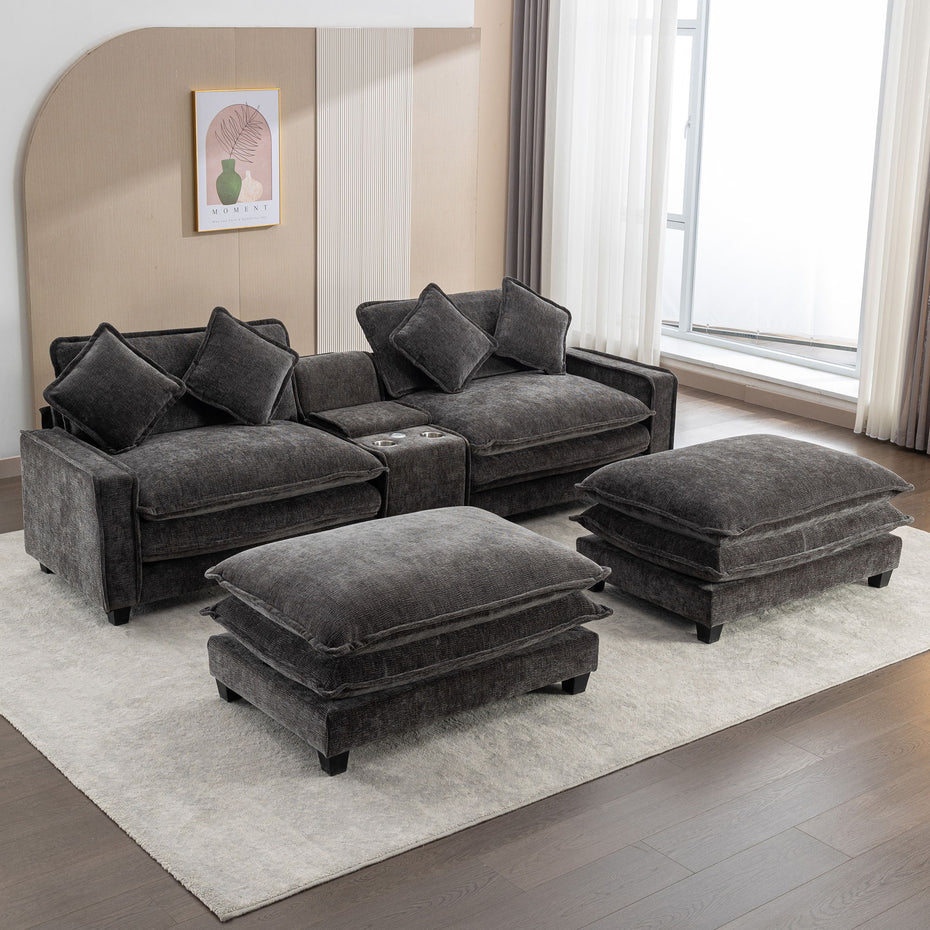 Sectional Sofa Chenille Upholstered Sofa With Two Removable Ottoman, Two USB Ports, Two Cup Holders And Large Storage Box For Living Room