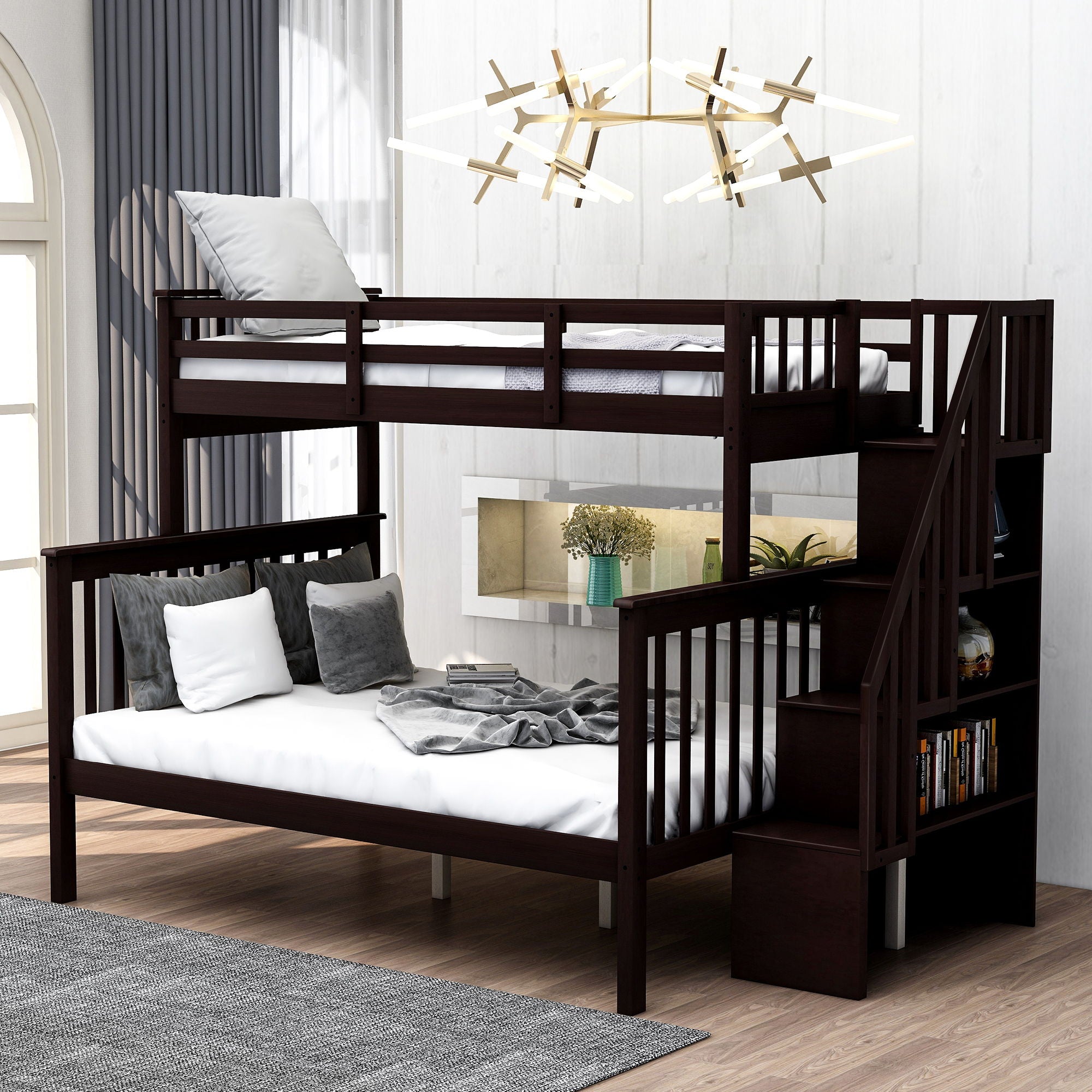 Stairway Bunk Bed With Storage And Guard Rail For Bedroom