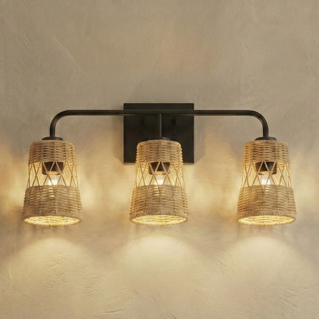 Moonlit - 3 Lights Wall Sconce With Shade, Bathroom Lighting Fixtures Over Mirror - Black / Rattan - view 2