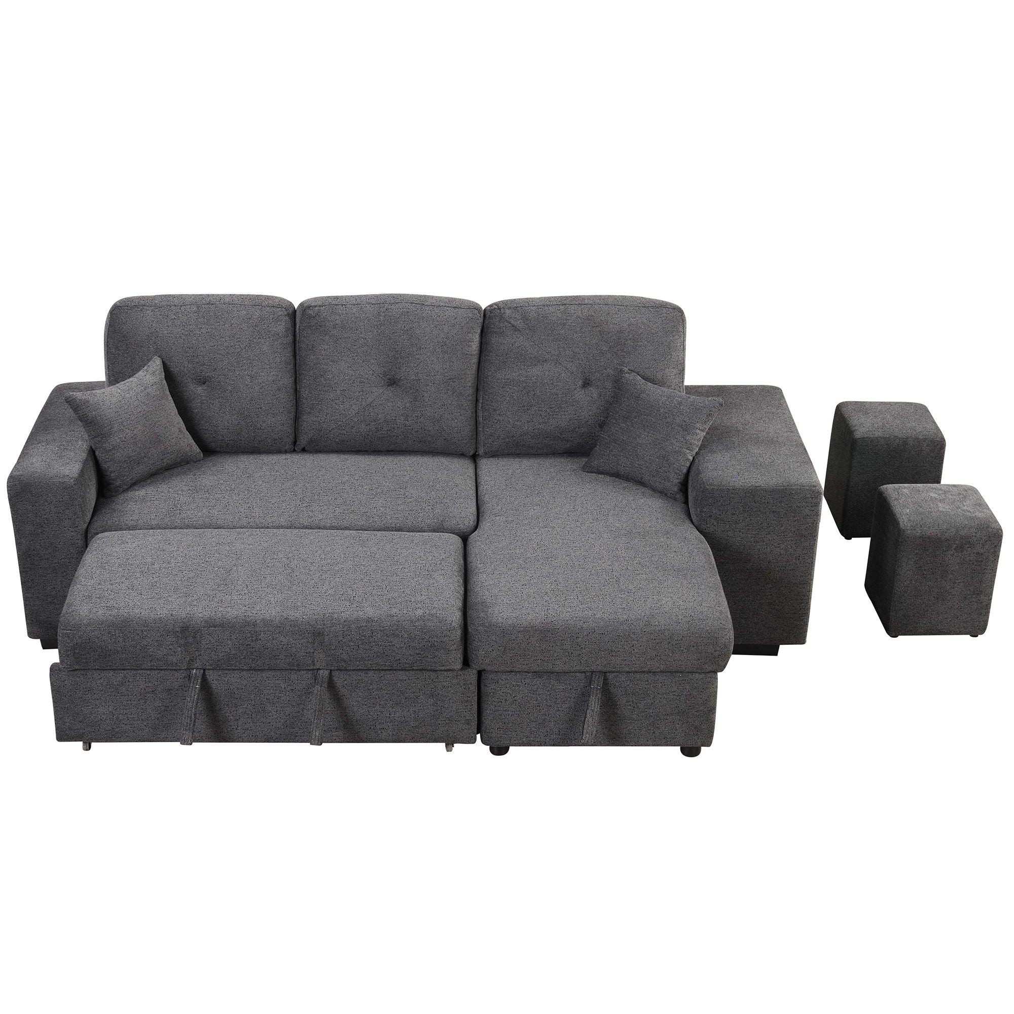 Reversible Sleeper Sectional Sofa Bed With Side Shelf And 2 Stools, Pull-Out L-Shaped Sofa Bed, Corner Sofa-Bed With Storage Chaise Left / Right Hande For Living Room