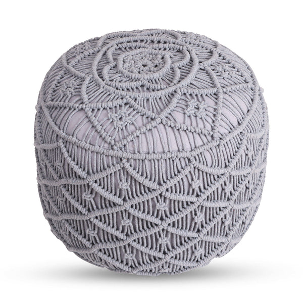 Cotton Blend Round Floral Pouf Ottoman - Light Gray