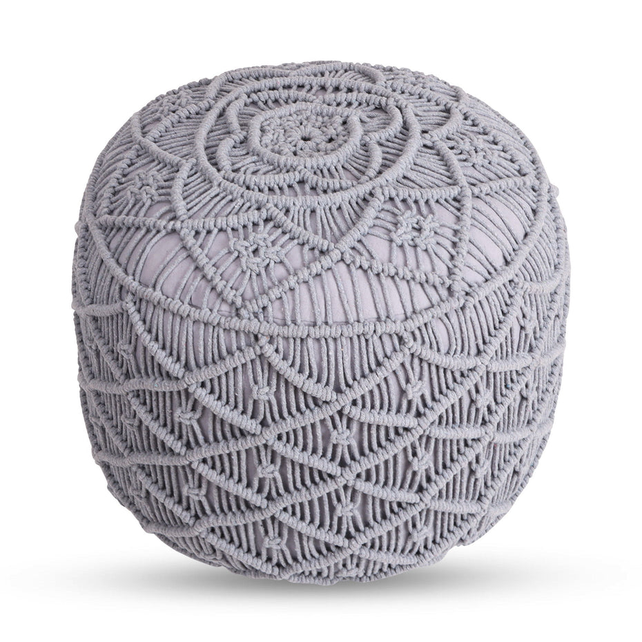 Cotton Blend Round Floral Pouf Ottoman - Light Gray