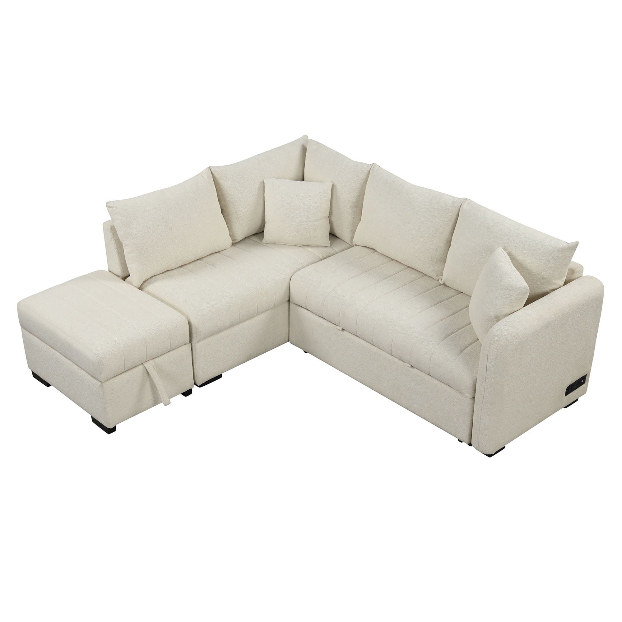 L-Shaped Sectional Pull Out Sofa Bed Sleeper Sofa With Two USB Ports, Two Power Sockets And A Movable Storage Ottoman