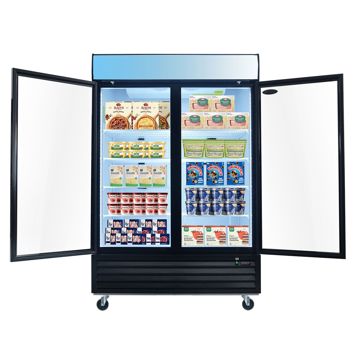 Glass Door Merchandiser Freezer Swing Door Commercial Reach-In Display Freezers With LED Top Panel Upright Freeze Storage