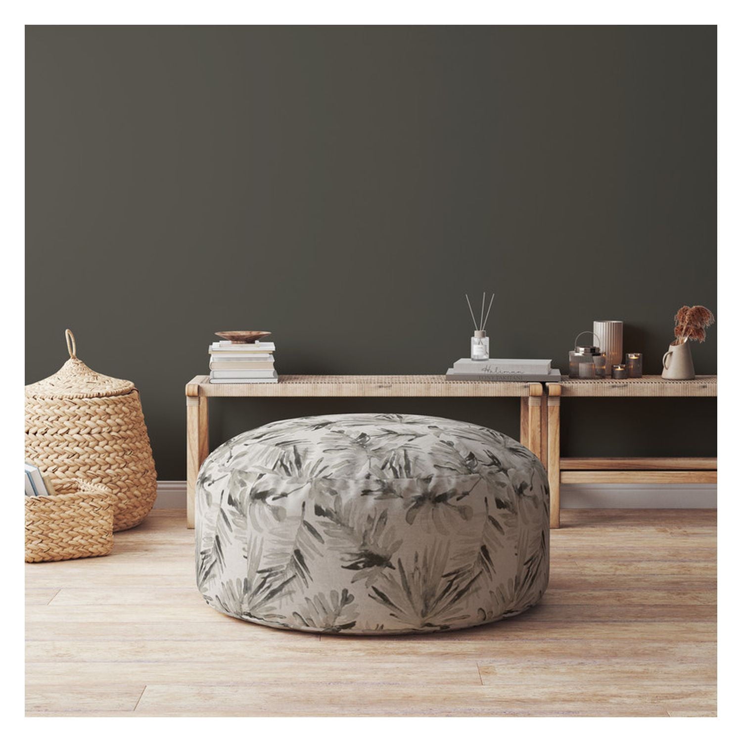 Cotton Round Floral, Pouf Ottoman - Beige