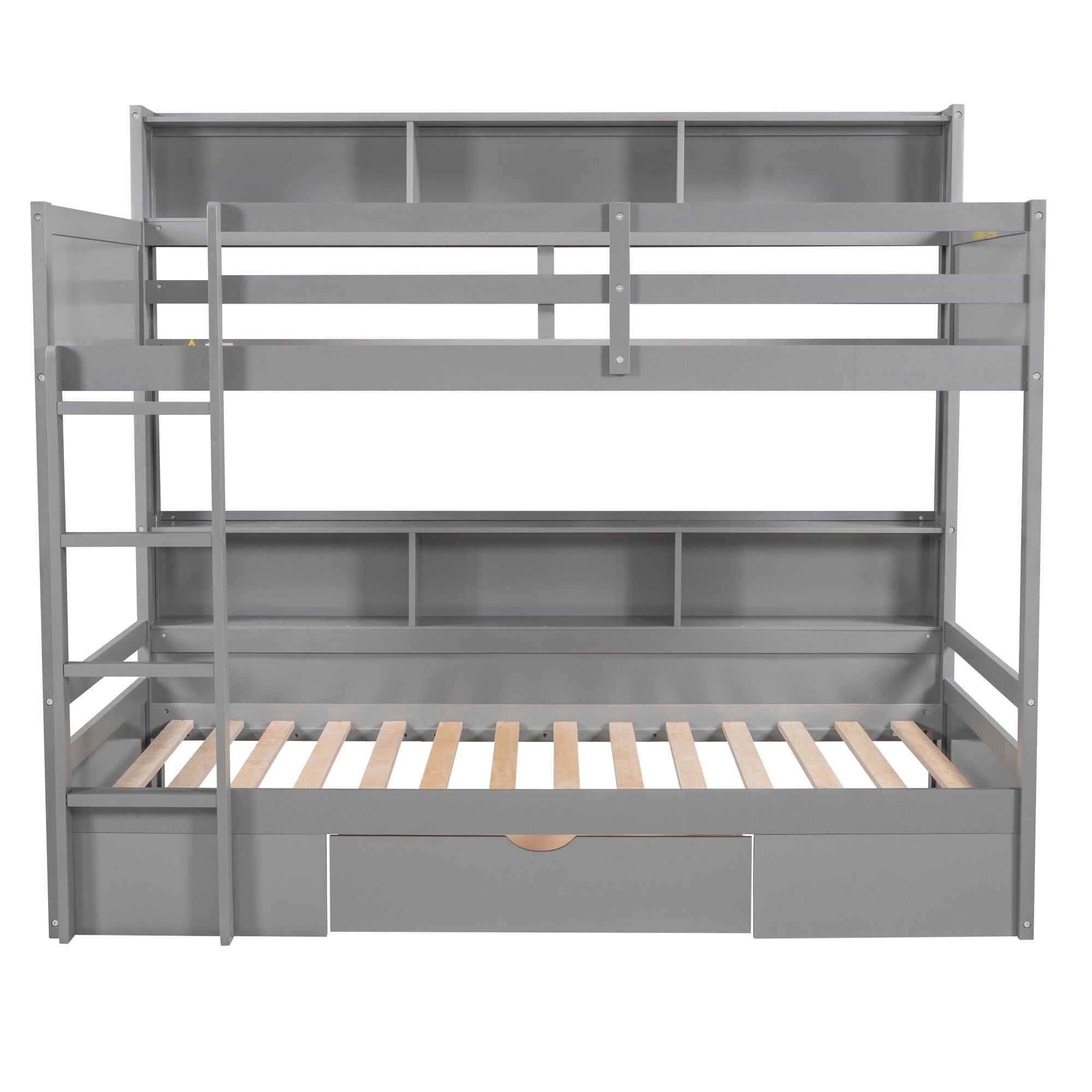 Twin Size Bunk Bed With Built-In Shelves Beside Both Upper And Down Bed And Storage Drawer