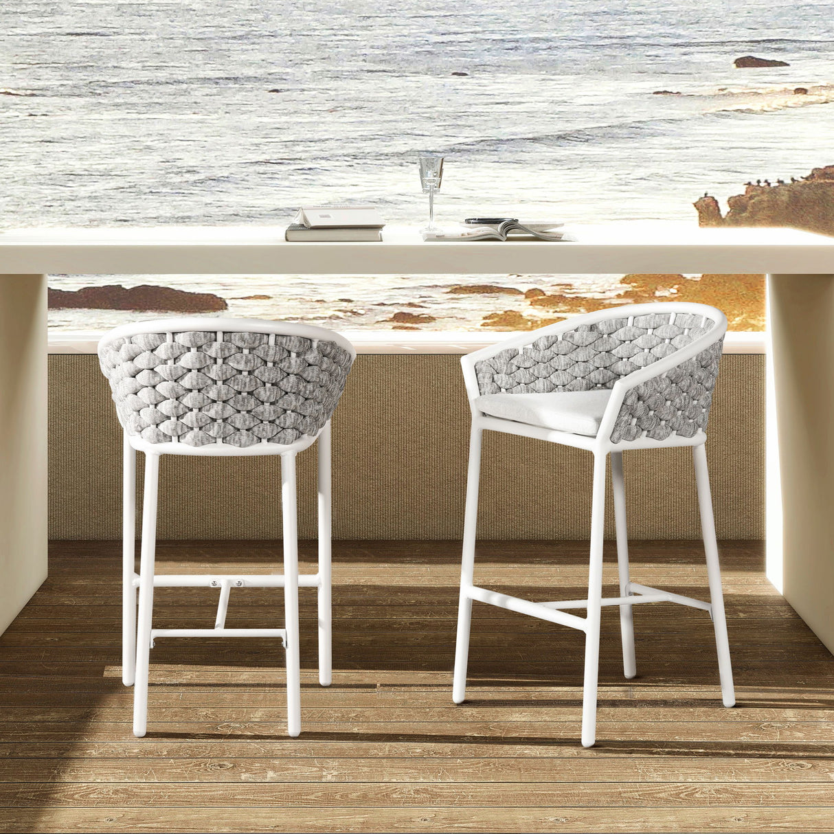 Rowan - Rope Barrel Low Back Patio Counter Stool (Set of 2) - Optic White by Jennifer Taylor Home | Bel Furniture