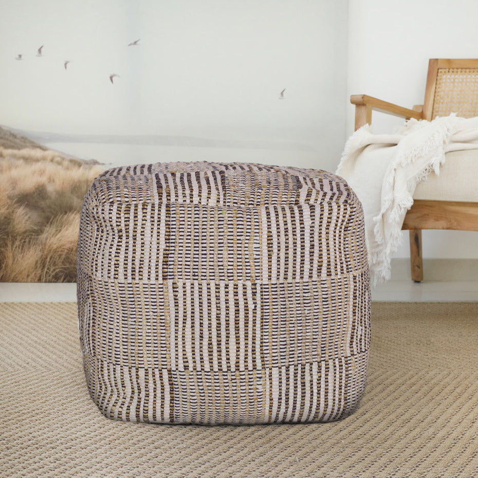 Cotton Cube Geometric Pouf Ottoman - Brown