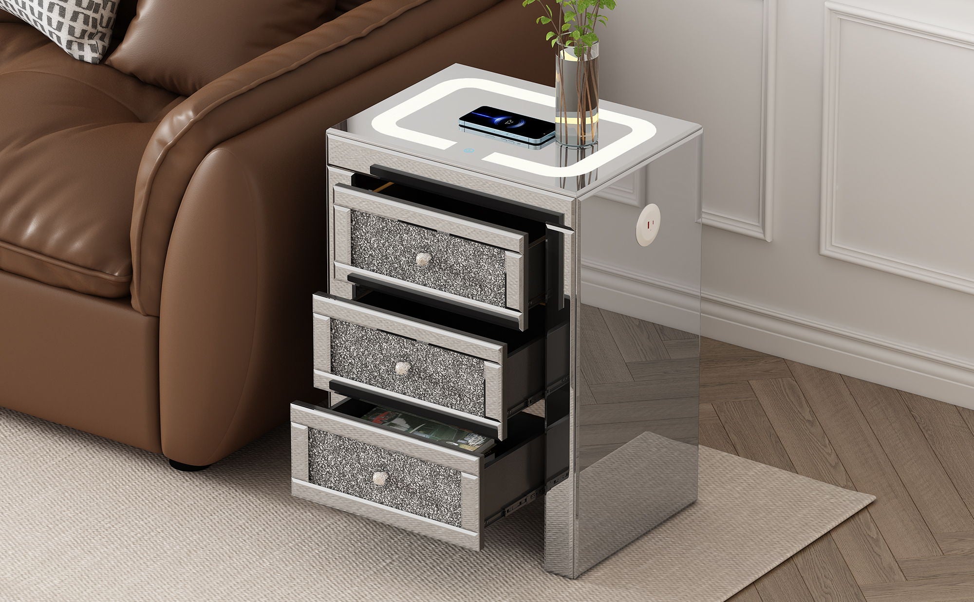 Rectangle Mirrored End Table With Wireless&Usb Charging, Modern Side Table With Led Lights, 3 Drawers With Crystal Style Handles For Living Room - Silver