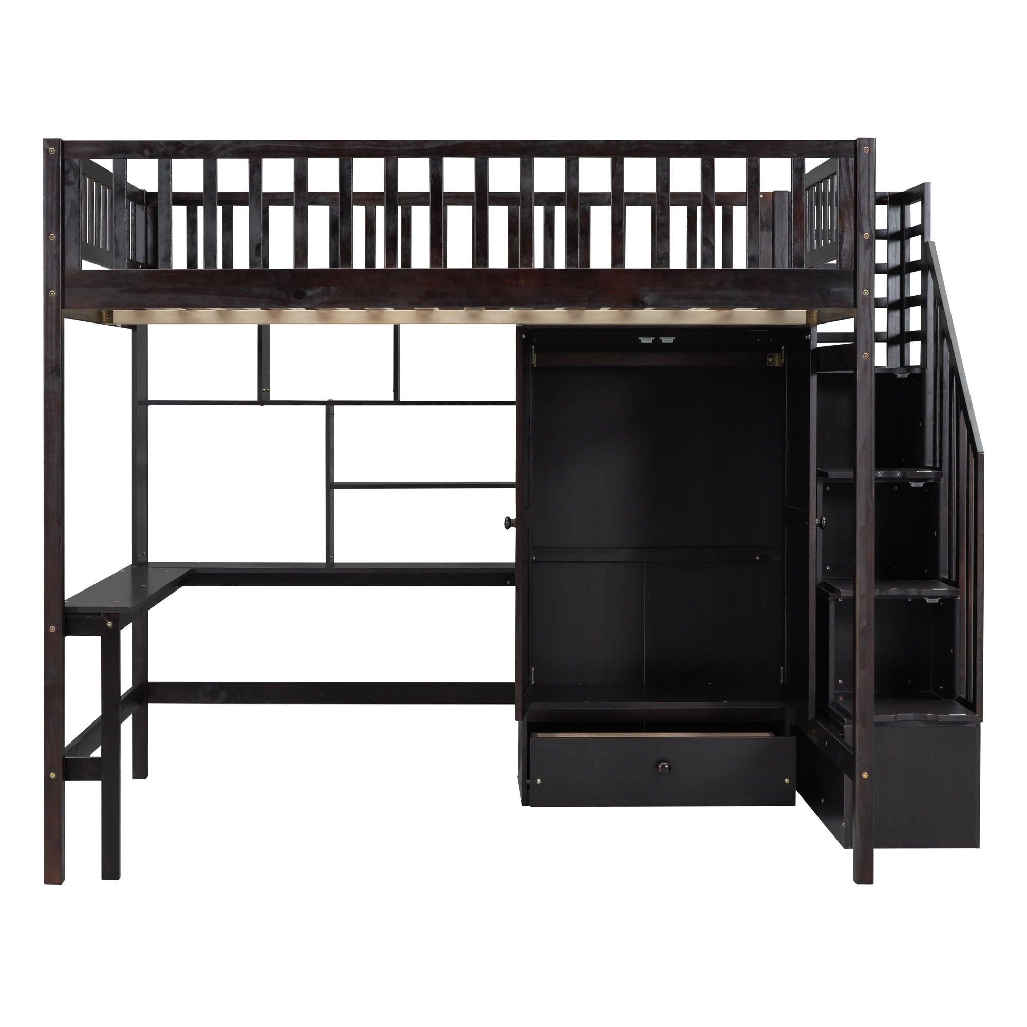 Full Size Loft Bed With Bookshelf, Drawers, Desk, And Wardrobe