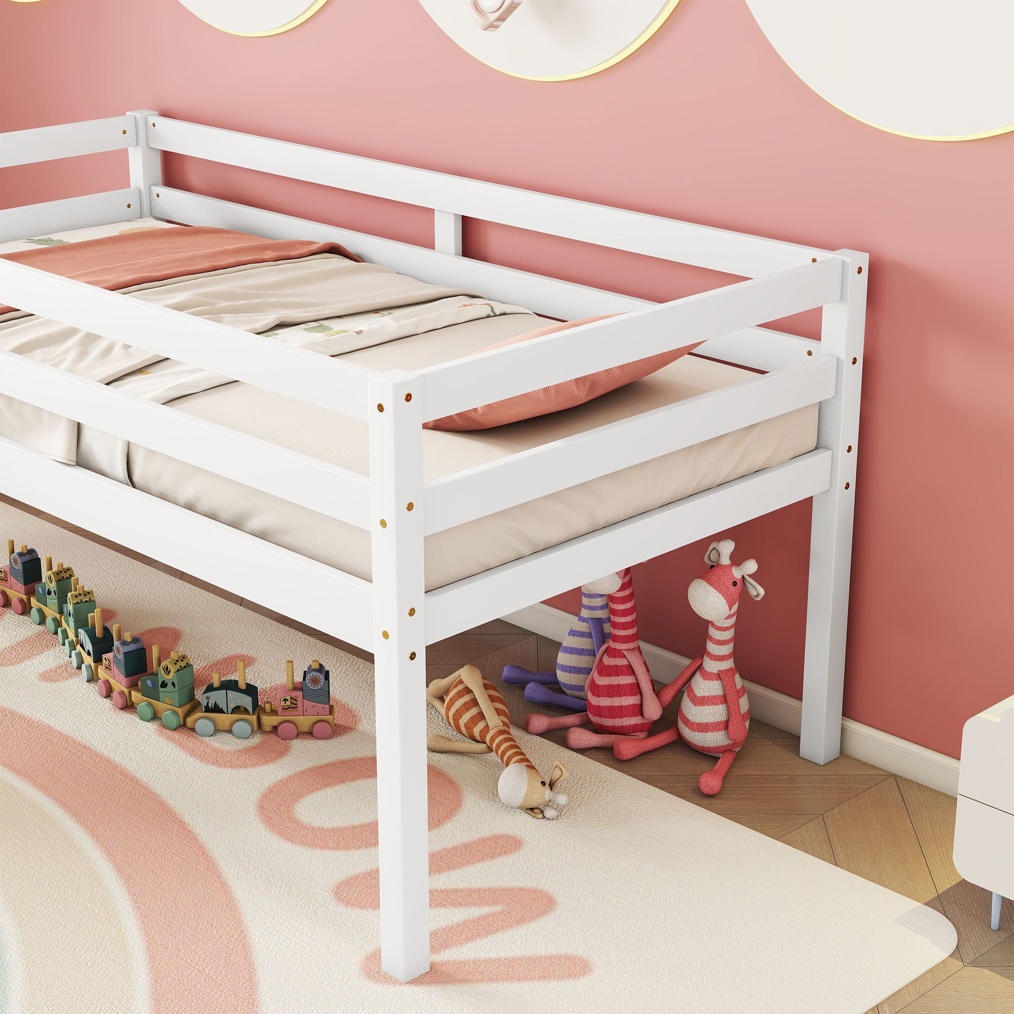 Low Loft Bed With Slide, Ladder, Safety Guardrails, No Box Spring Needed