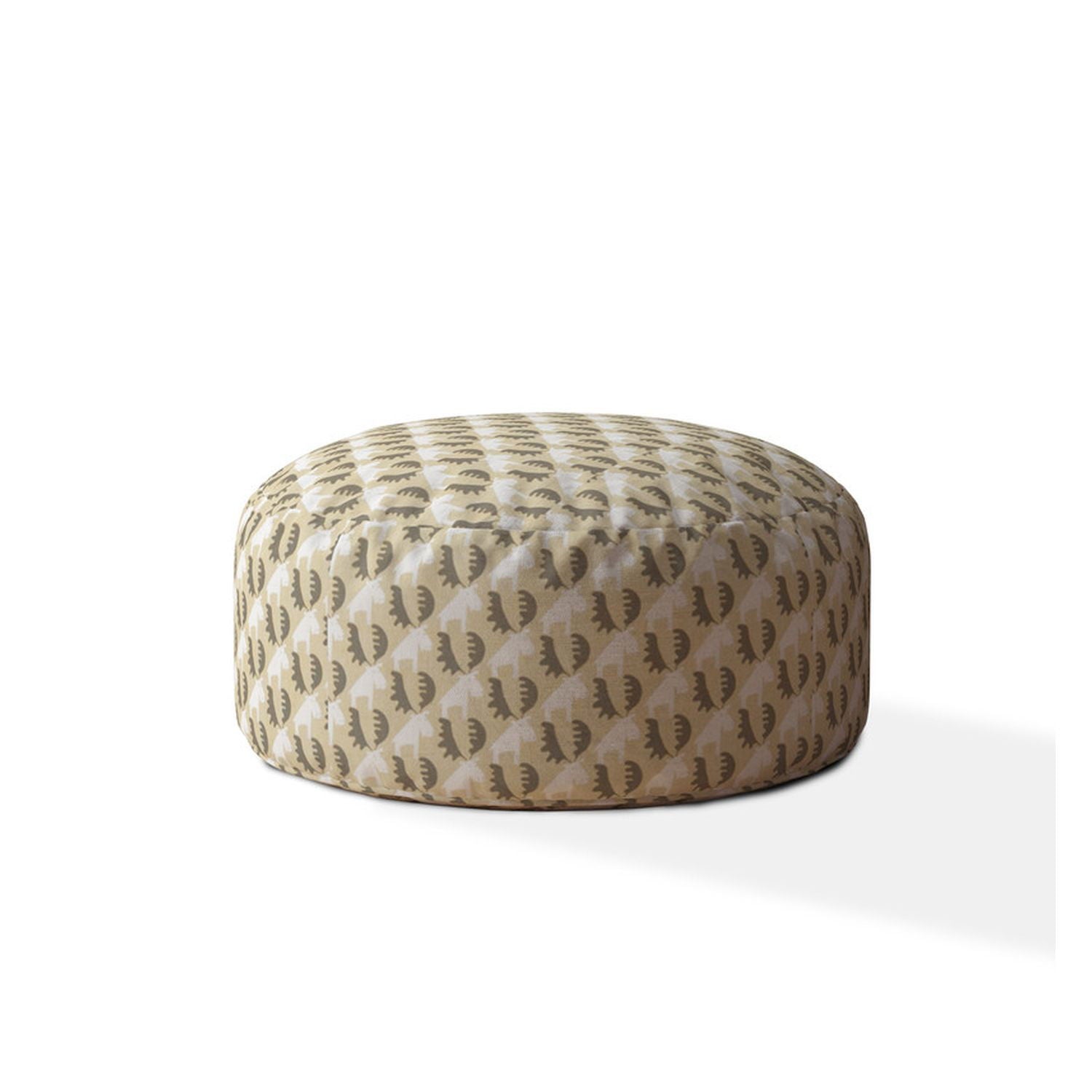 Cotton Round Animal Print Pouf Ottoman - Beige