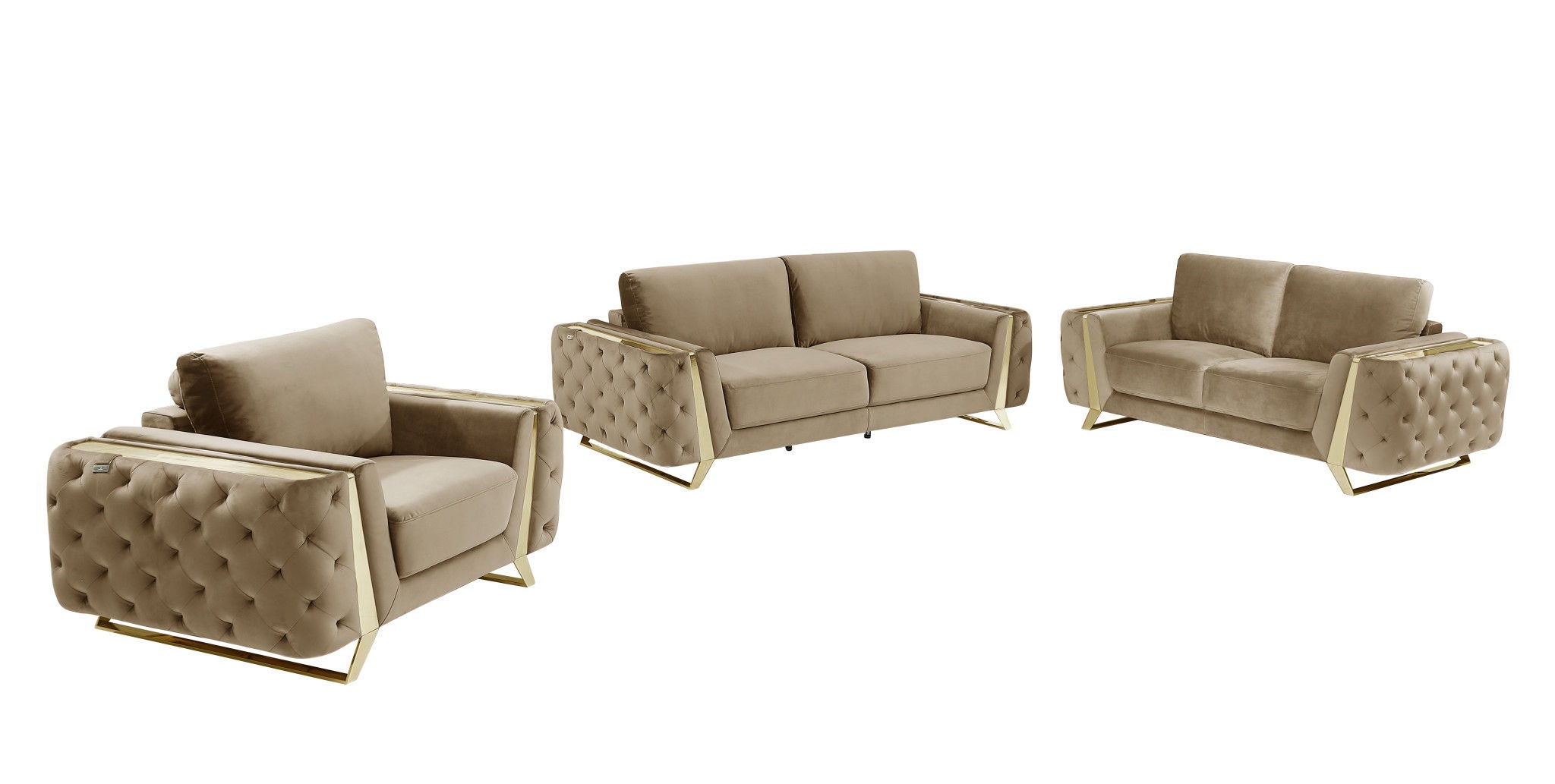 Three Piece Indoor Velvet Six Person Seating Set - Beige