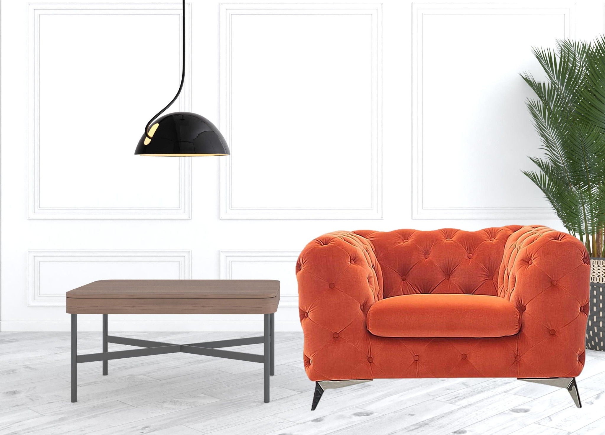 Velvet And Silver Solid Color Chesterfield Chair - Orange