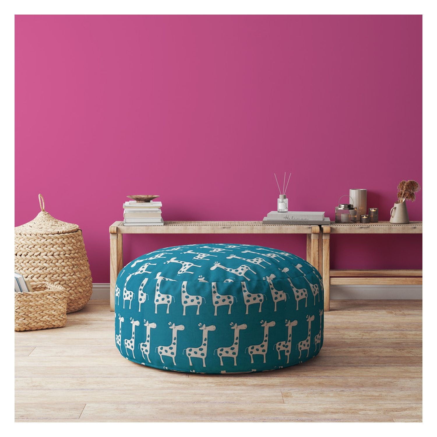 Cotton Round Giraffe Pouf Ottoman - Blue / White