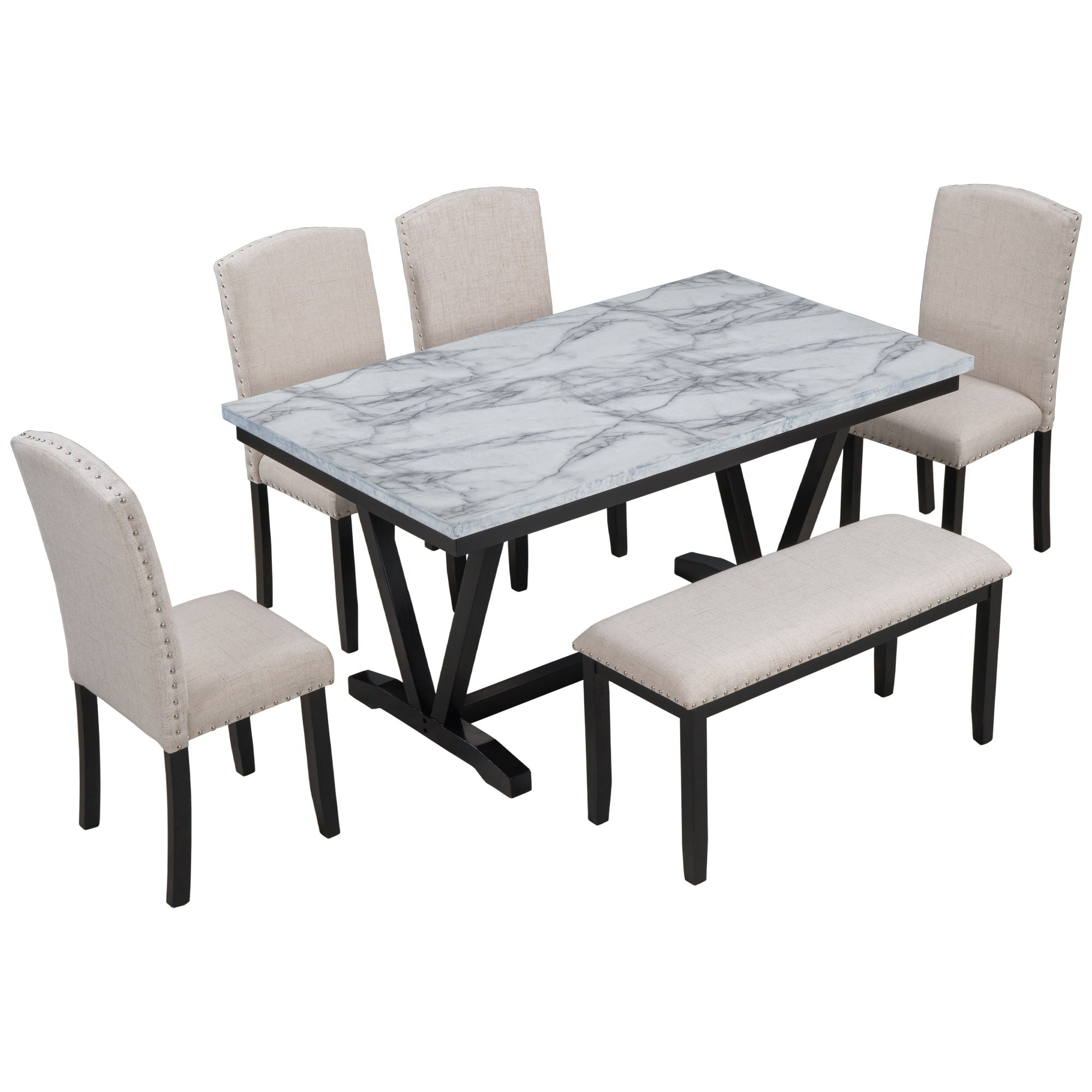 6 Piece Dining Table Modern Style With 4 Chairs & 1 Bench, Table With Marbled Veneers Tabletop And V-Shaped Table Legs - White