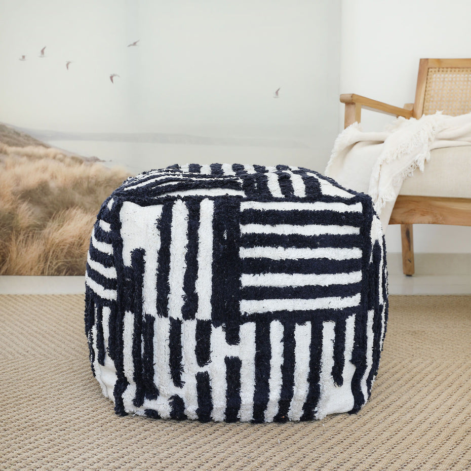 Cotton Cube, Striped Pouf Ottoman - Blue