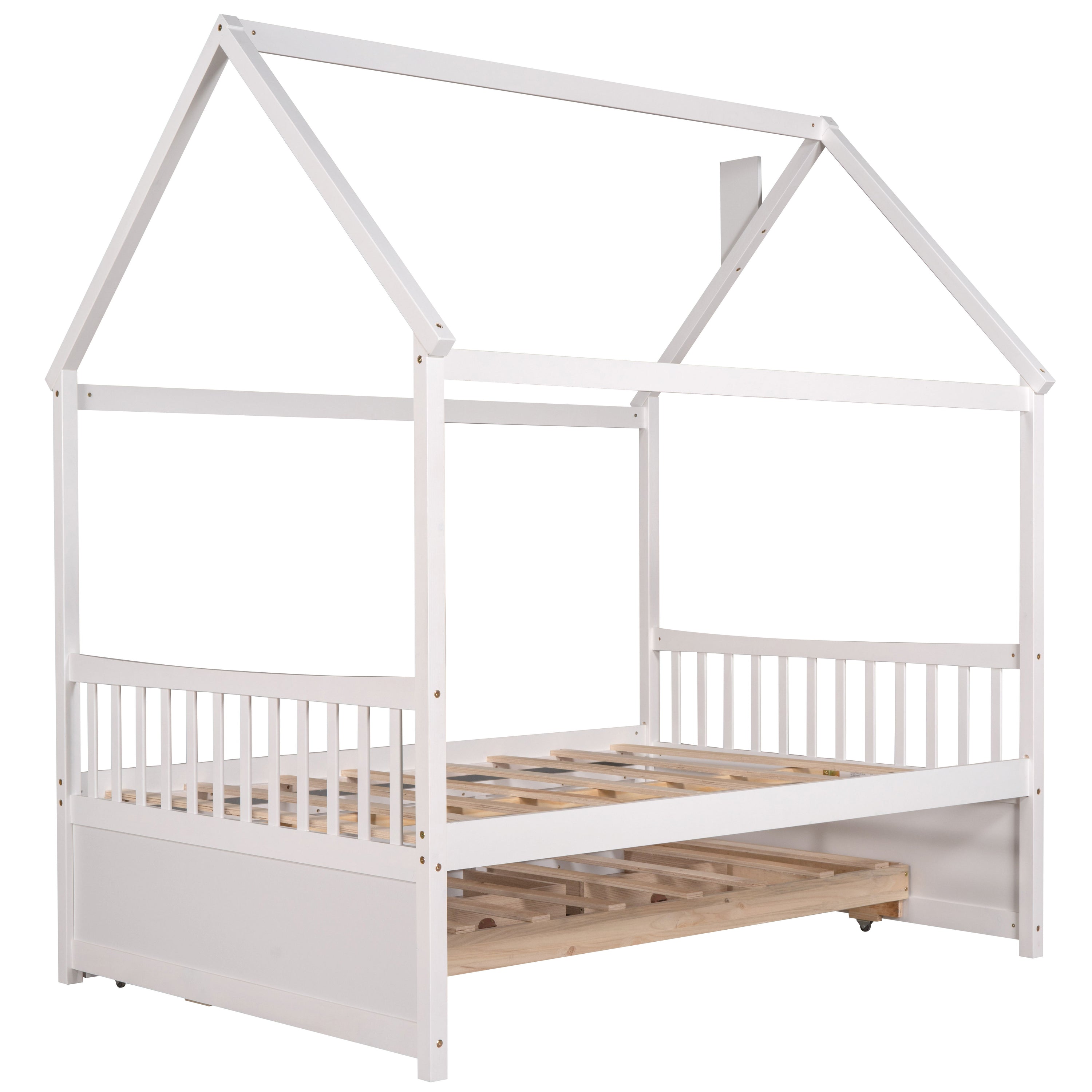 Full Size Wooden House Bed With Trundle And 3 Storage Drawers - White