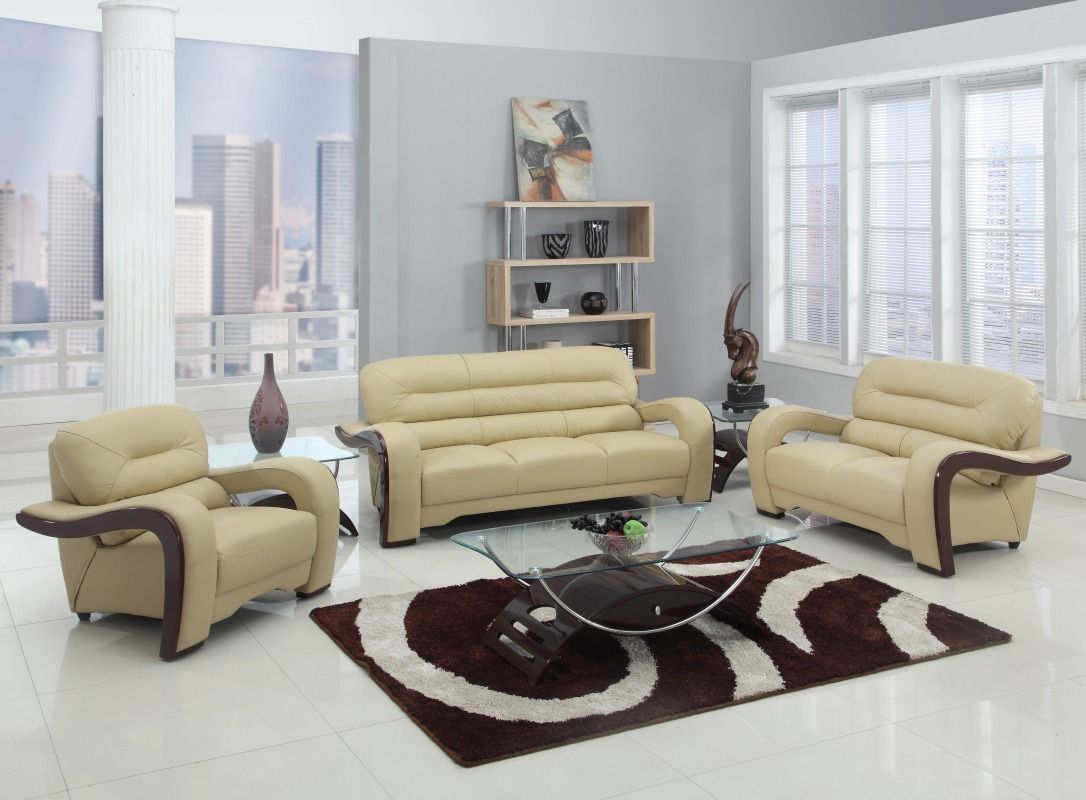 Three Piece Indoor Genuine Leather Six Person Seating Set - Beige