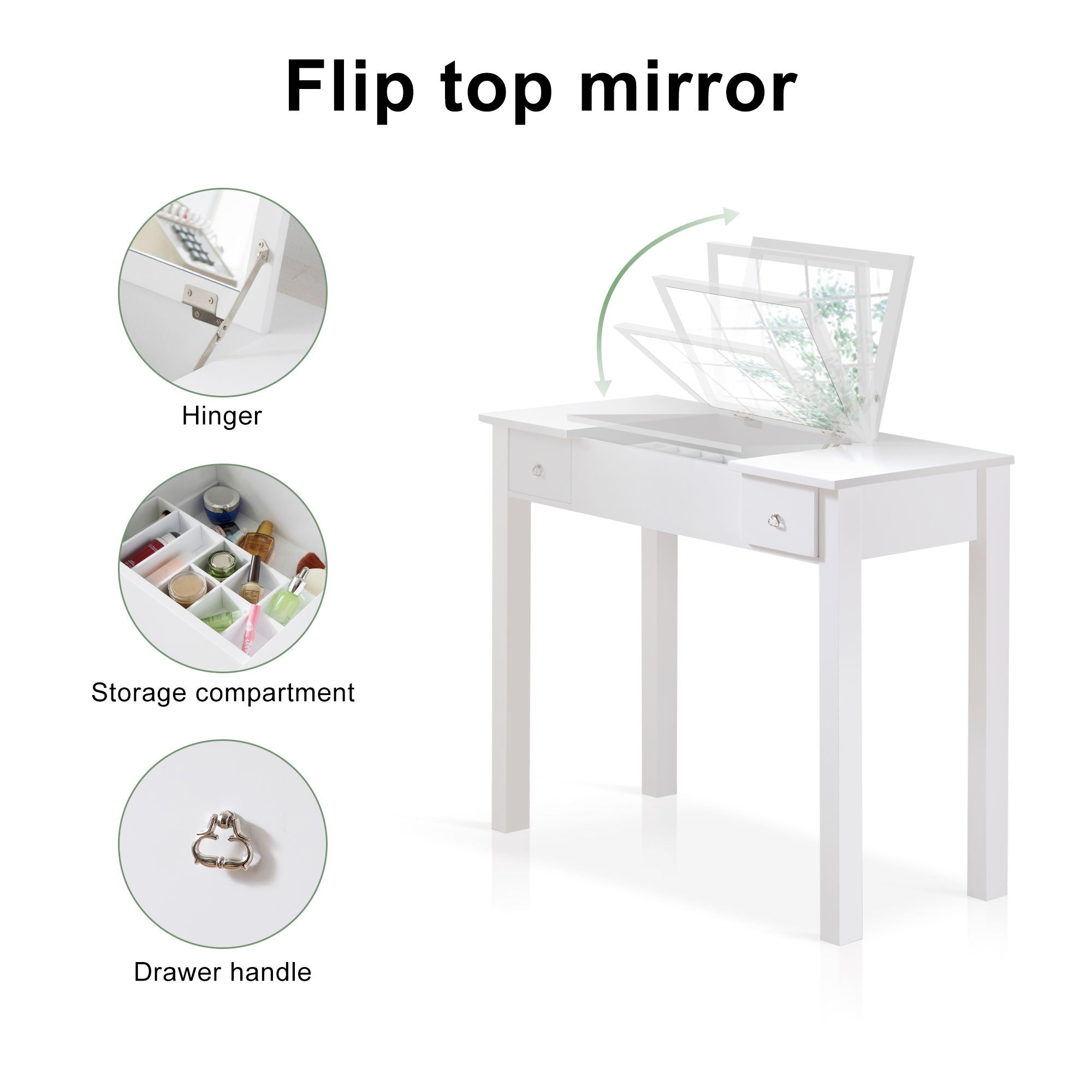 Accent Vanity Table With Flip-Top Mirror And 2 Drawers, Jewelry Storage For Women Dressing - White