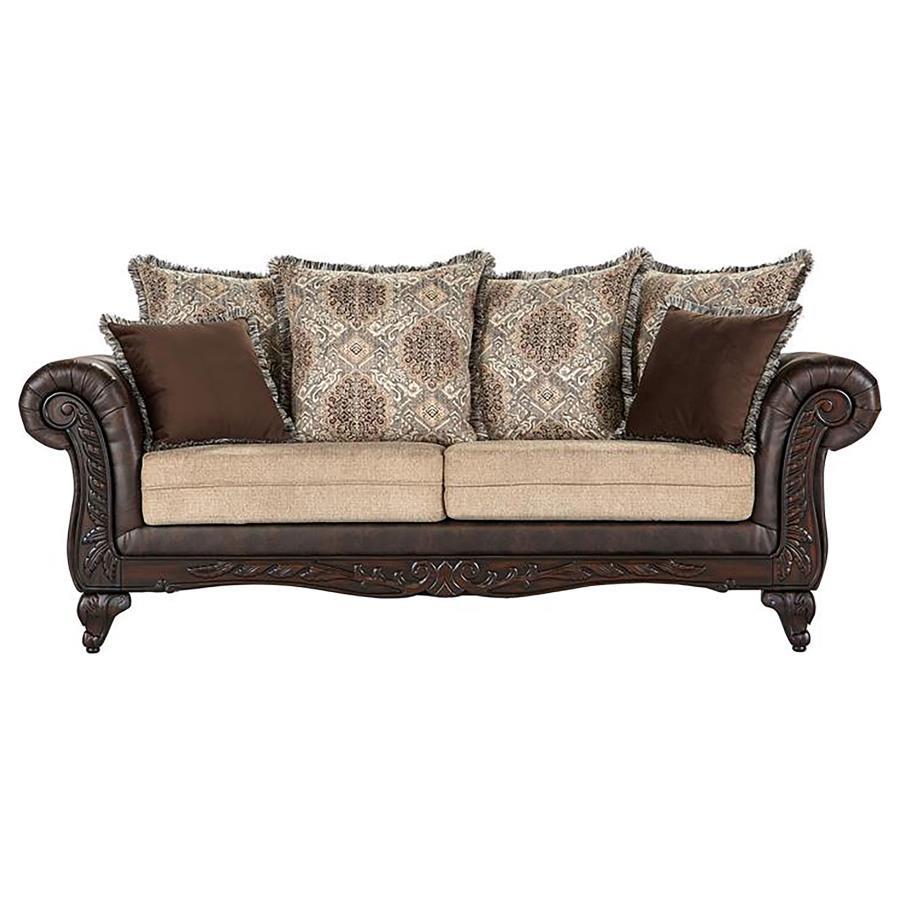 Elmbrook - Upholstered Rolled Arm Sofa Set With Intricate Wood by Coaster Fine Furniture | Bel Furniture