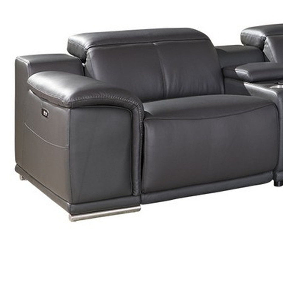 Italian Leather Power Reclining U Shaped Seven Piece Corner Sectional With Console - Gray