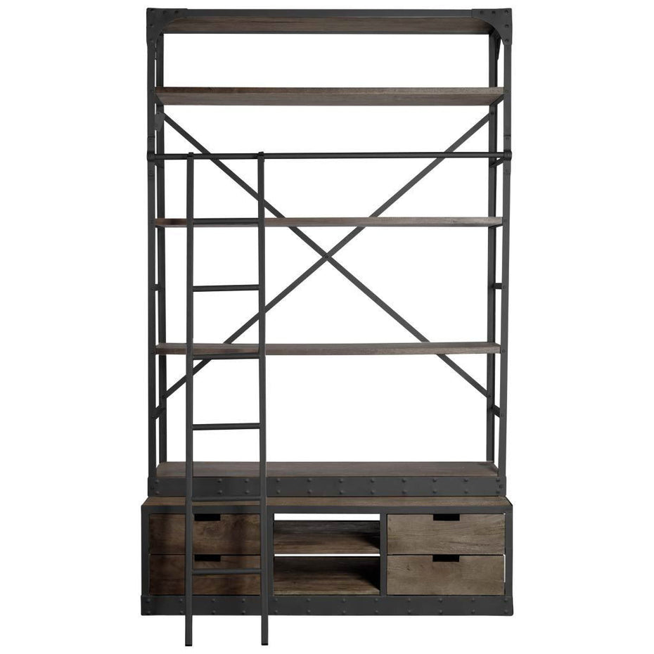 Wood Shelving Unit With Gun Metal Ladder And 4 Shelves - Brown