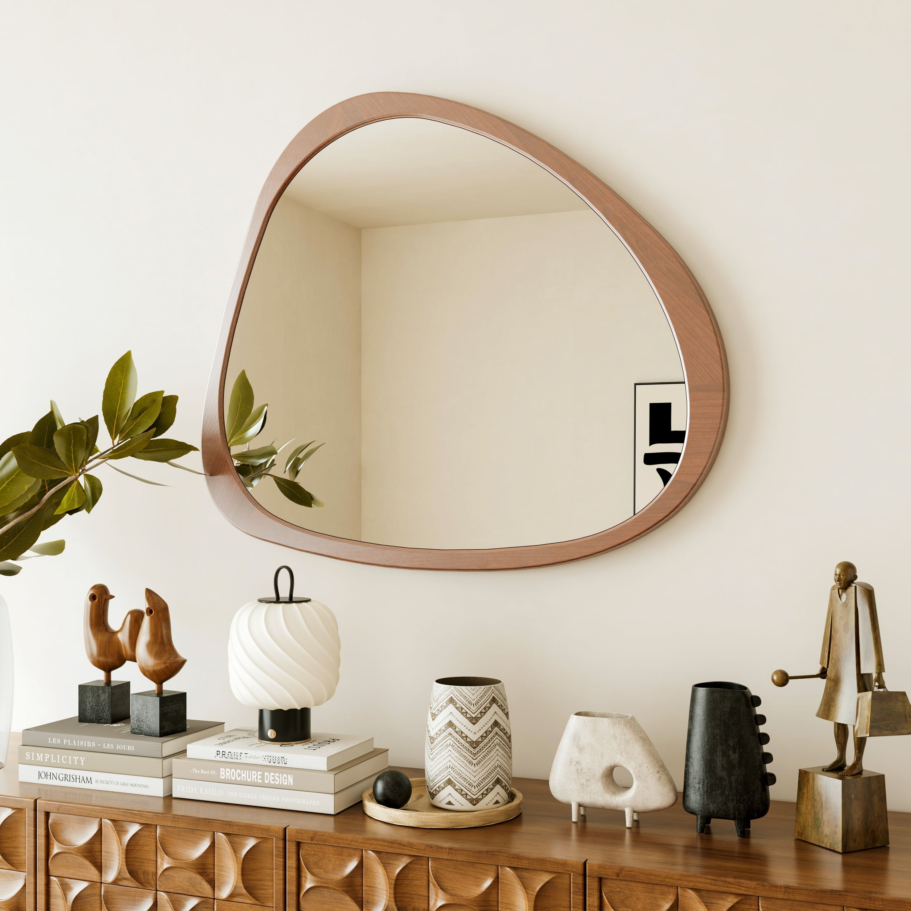 Asymmetrical Wall Mirror Wooden Framed Mirror Large Sized Dressing Mirror, For Living Room, Bedroom, Bathroom, Hallway Or Entry Way - Natural Wood