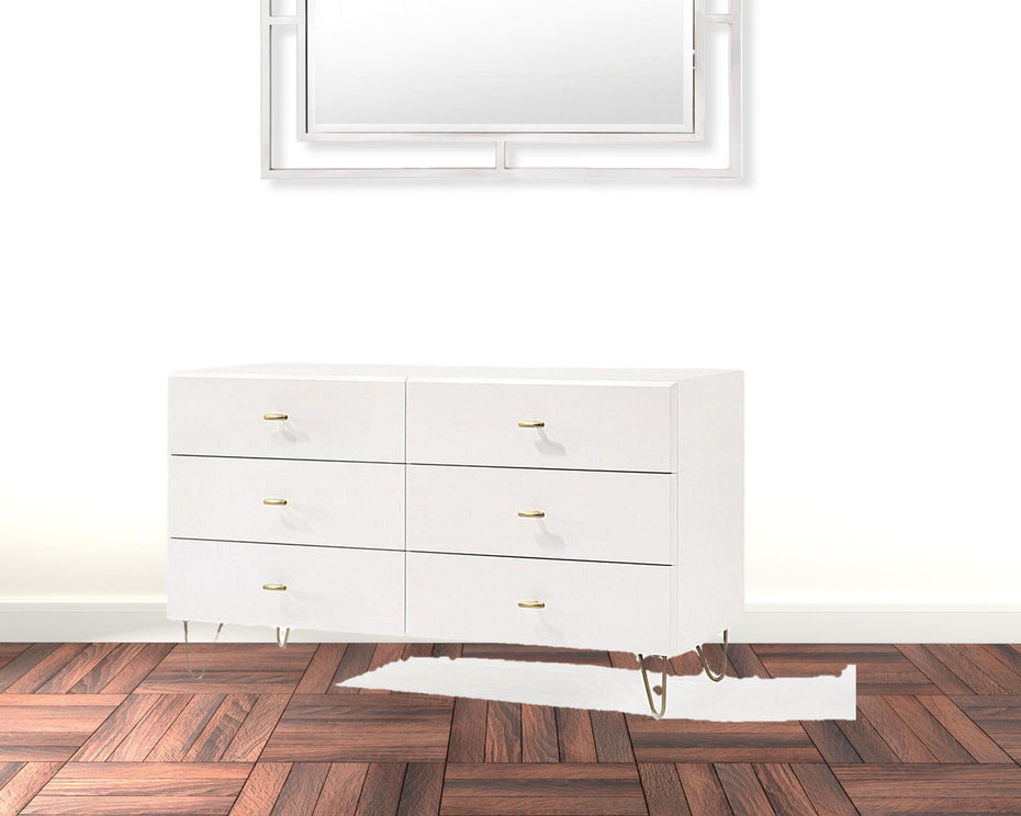 Six Drawer Wood Double Dresser - White