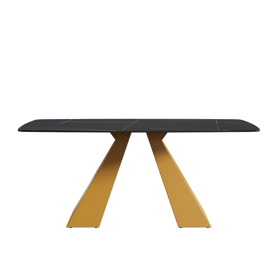 70.87" Modern Artificial Stone Curved Metal Leg Dining Table, Can Accommodate 6-8 People - Black / Gold