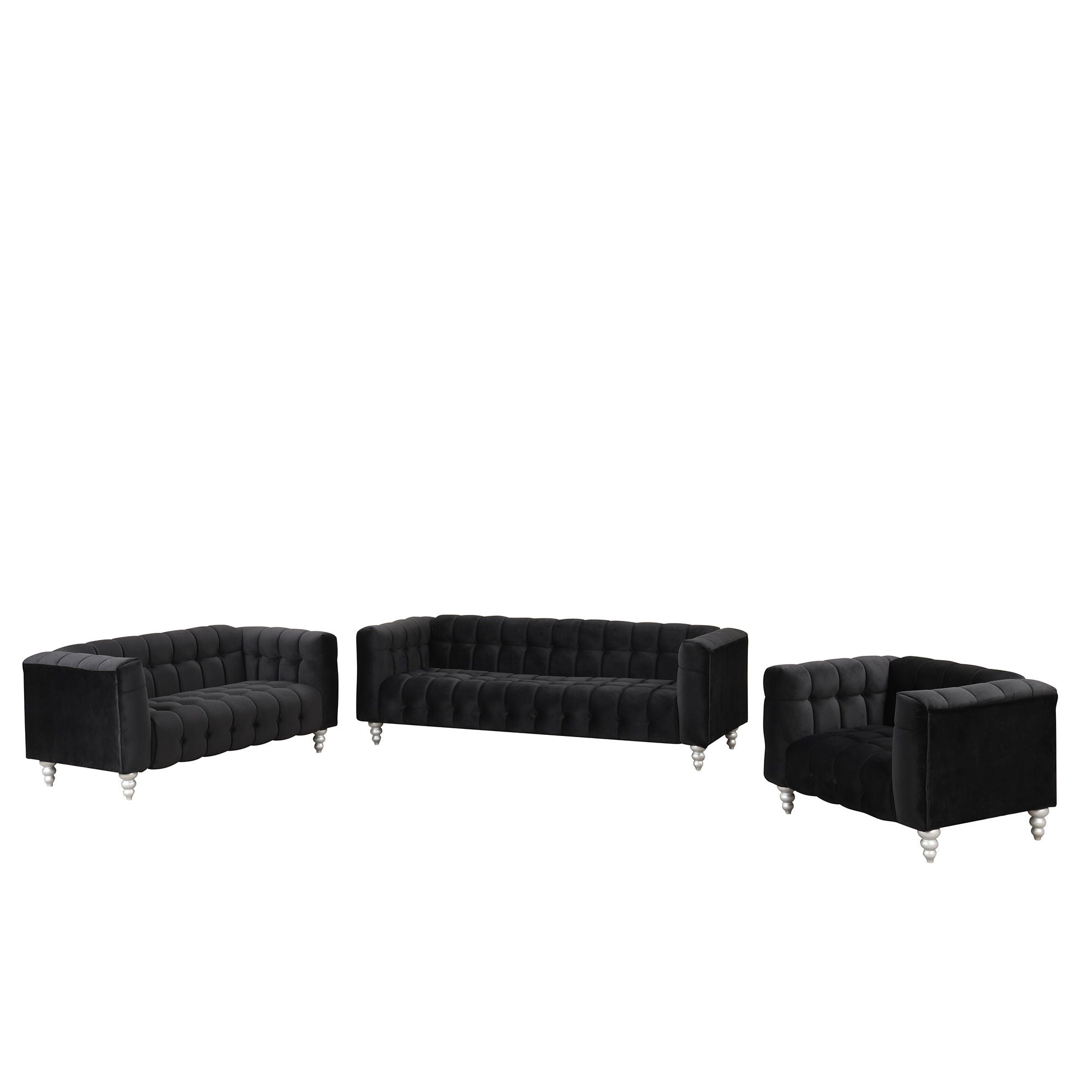 Modern 3 Piece Sofa Set With Solid Wood Legs, Buttoned Tufted Backrest, Dutch Fleece Upholstered Sofa Set Including Three Seater Sofa, Double Seat And Living Room Furniture Set Single Chair