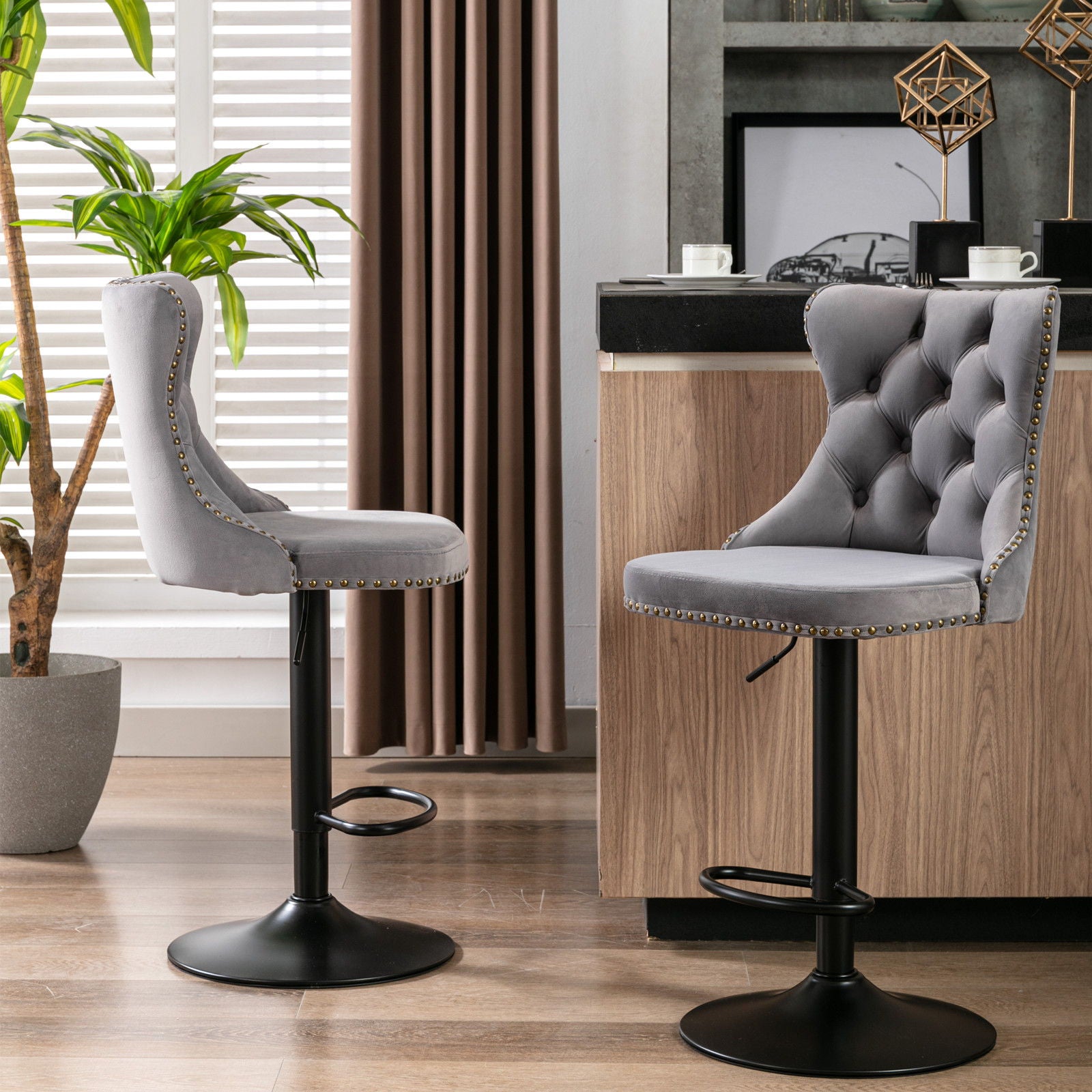 Swivel Velvet Barstools Adjusatble Seat Height, Modern Upholstered Bar Stools With Backs Comfortable Tufted For Home Pub And Kitchen Island (Set of 2)