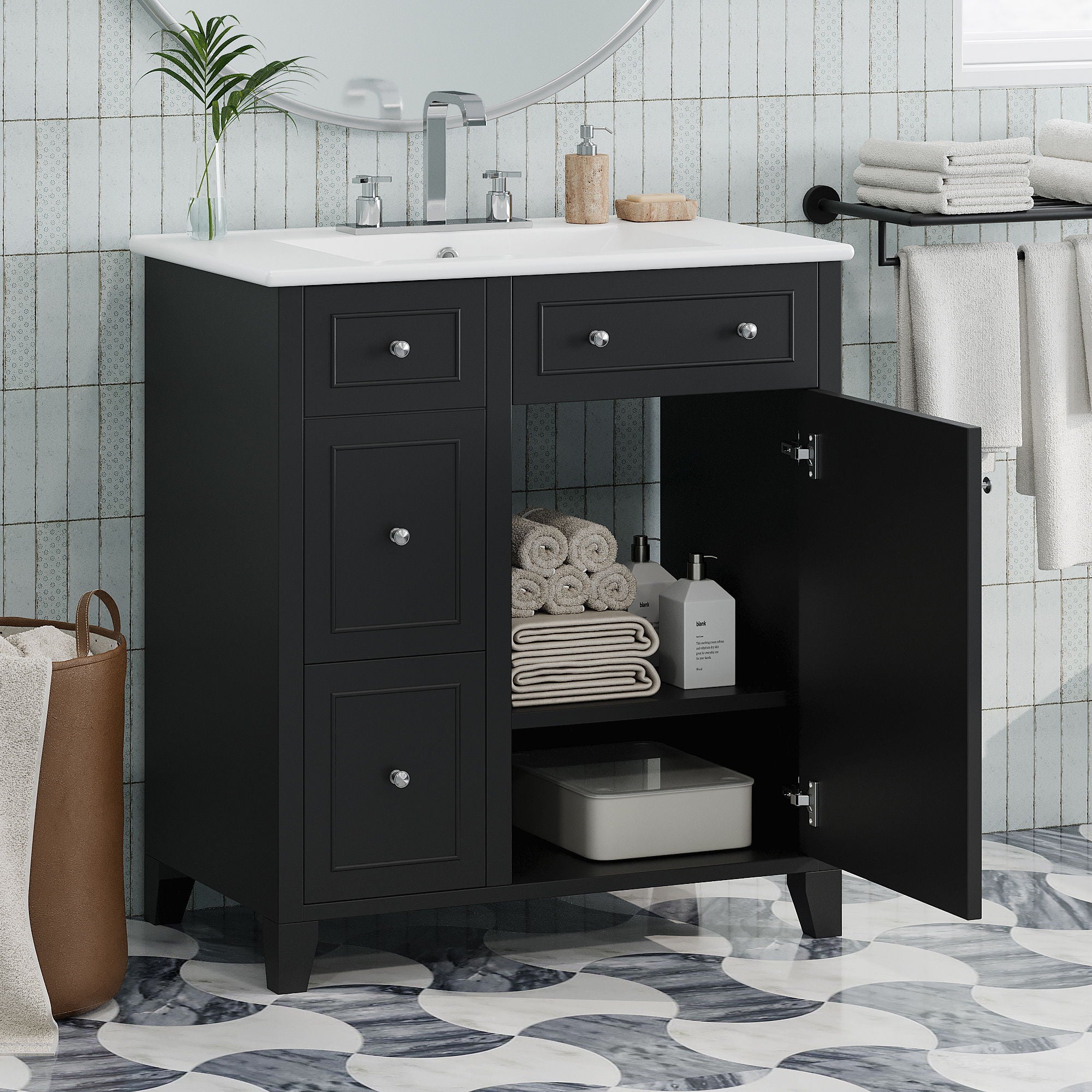 Bathroom Vanity Cabinet With Ceramic Basin, Double-Layer Drawer, Deep Drawer And Adjustable Shelf