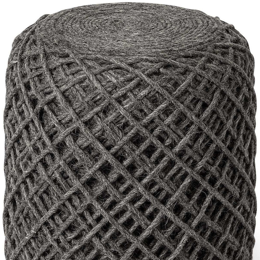 Wool Cylindrical Pouf With Diamond Pattern - Dark Gray