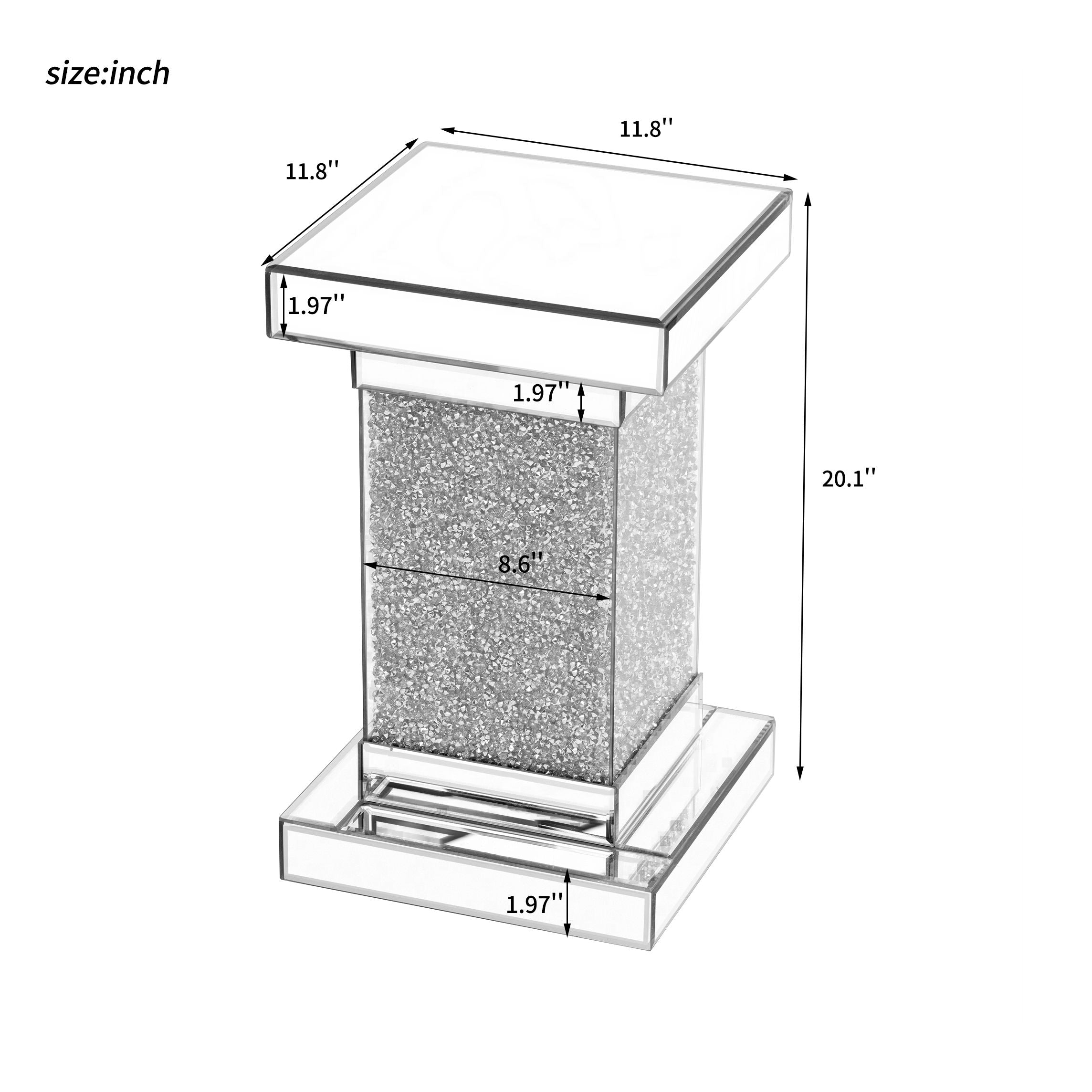 Square Mirrored End Table With Led Lights, Modern Side Table With Crystal Inlay For Living Room