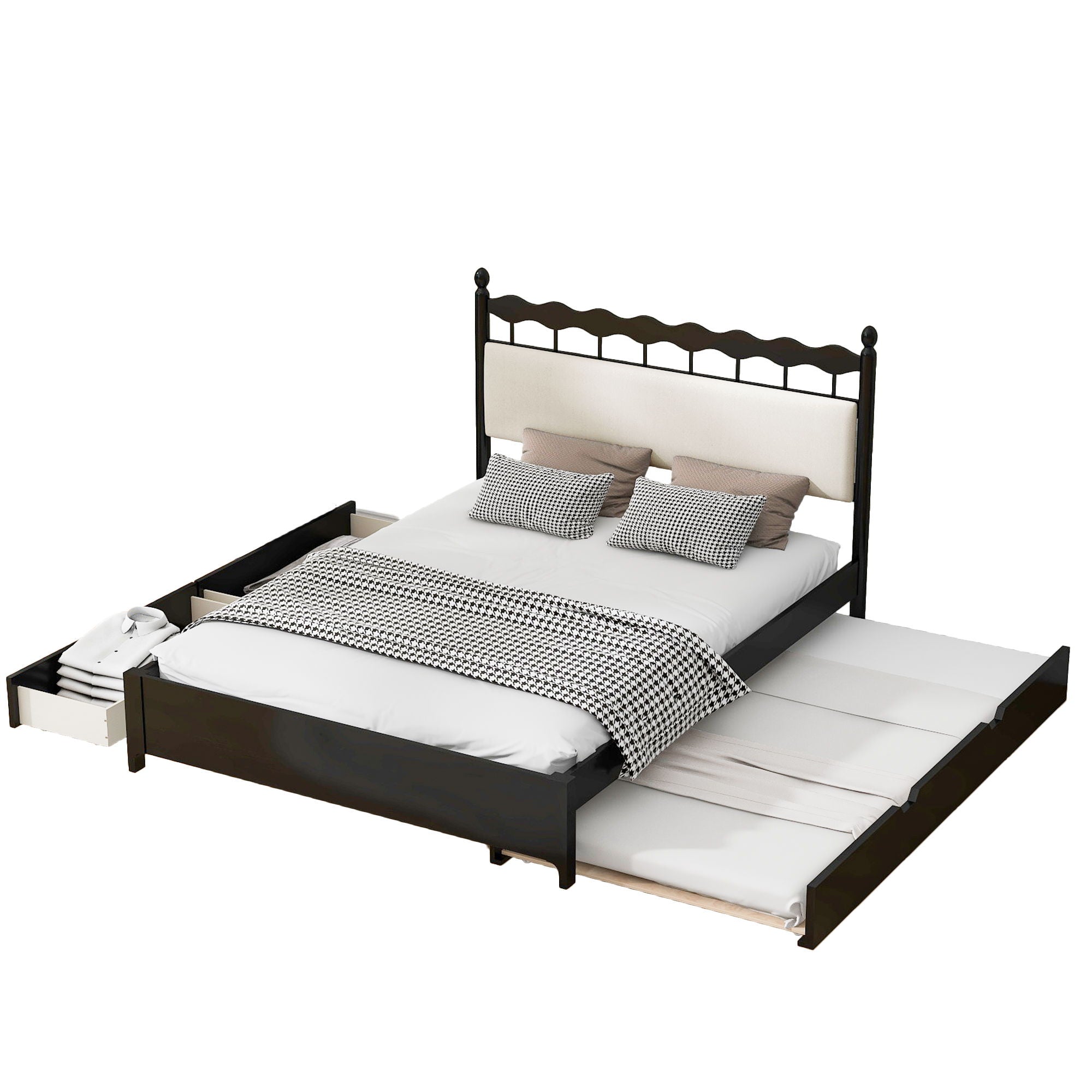 Wooden Storage Platform Bed, With 2 Big Drawers & Trundle