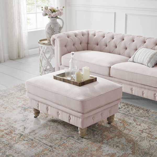 Linen And Natural Rolling Tufted Cocktail Ottoman - Pink