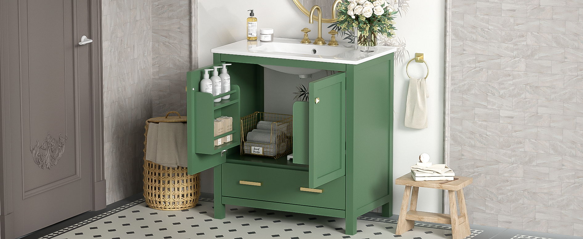 Bathroom Vanity With Single Sink, Combo Cabinet Undermount Sink, Bathroom Storage Cabinet With 2 Doors And A Drawer, Soft Closing, Multifunctional Storage, Solid Wood Frame