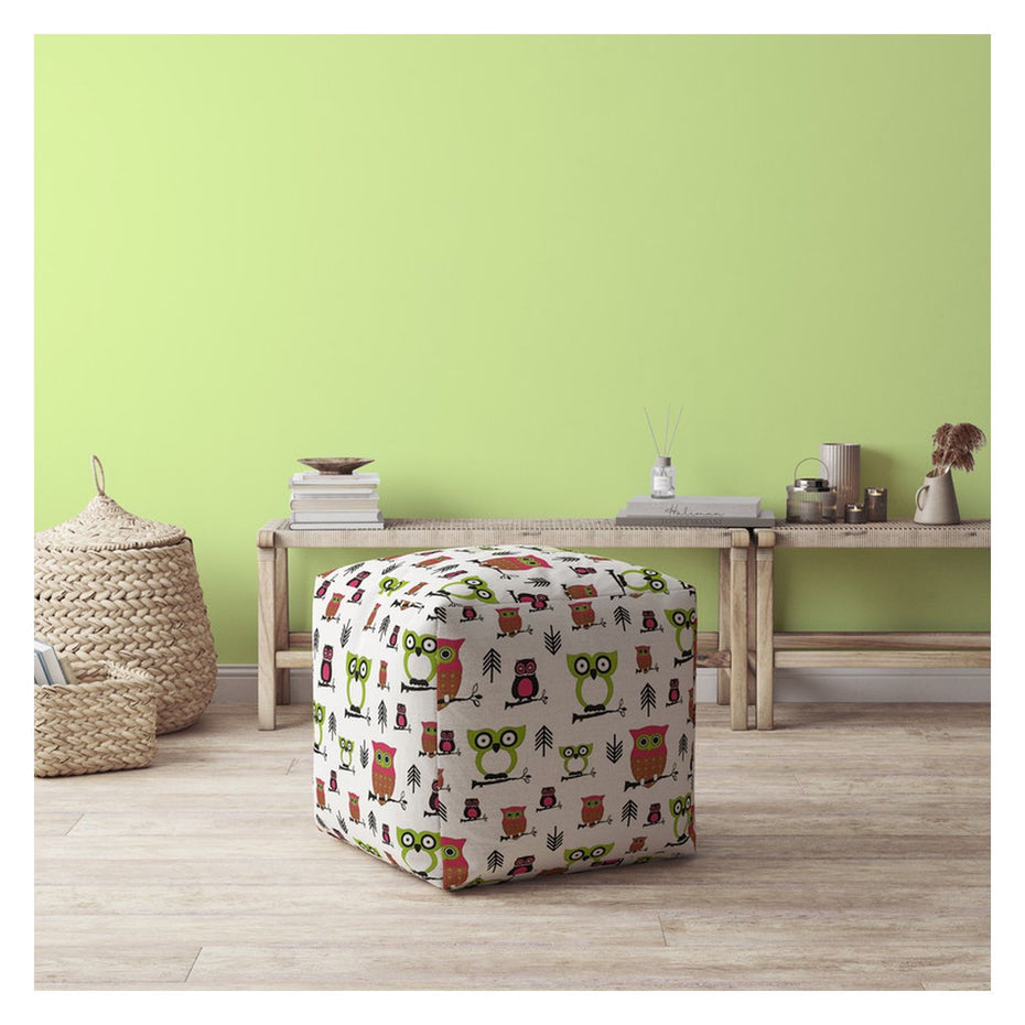 Cotton Owls Pouf Ottoman - Green / White