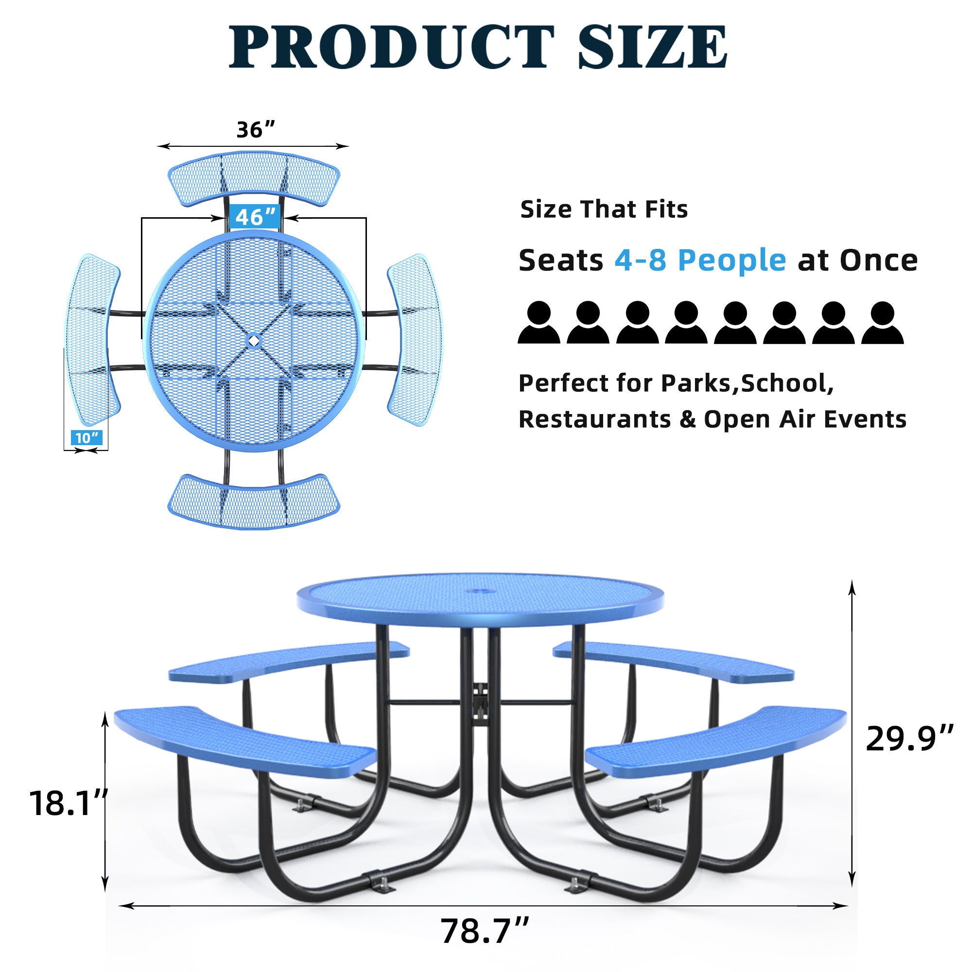 Round Outdoor Steel Picnic Table 46" With Umbrella Pole - Black