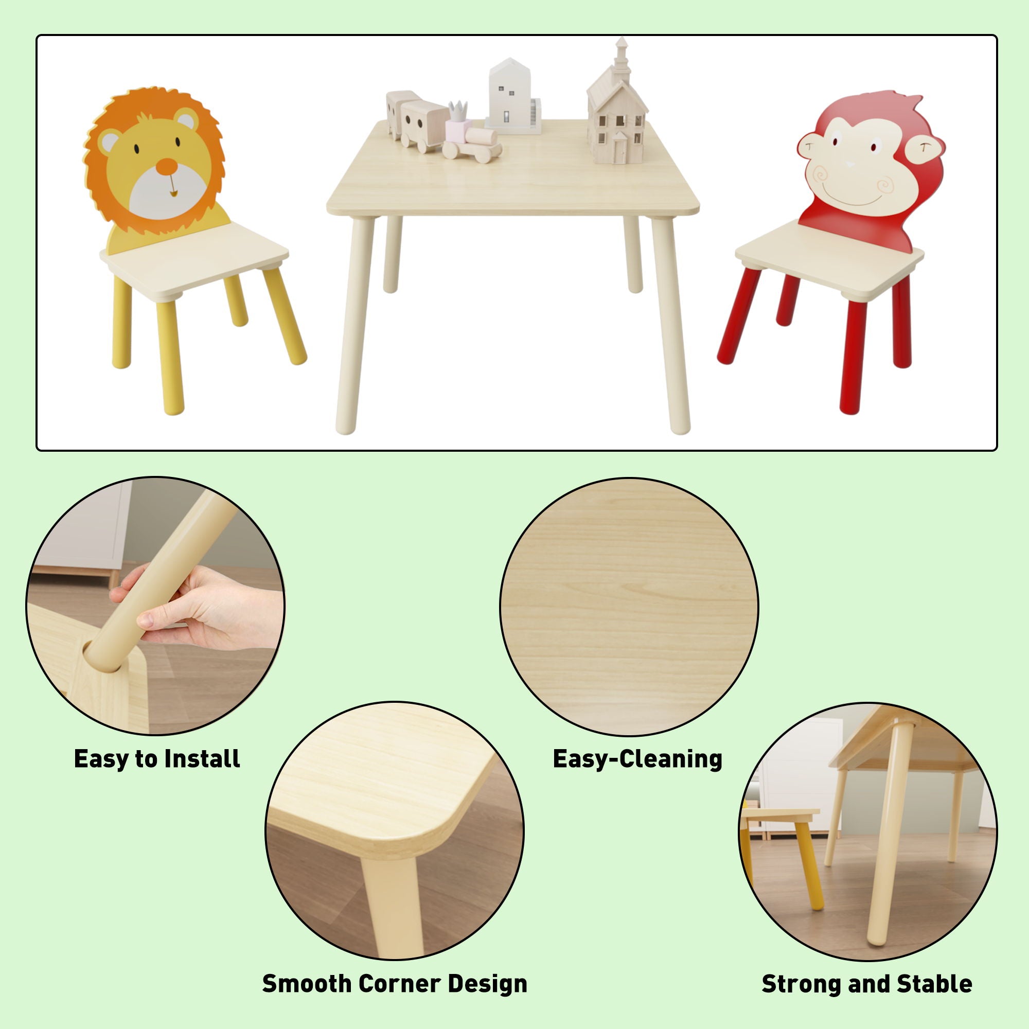 Kids Table And 2 Chairs Set, 3 Pieces Toddler Table And Chair Set, Wooden Activity Play Table Set (Lion&Monkey) - Natural