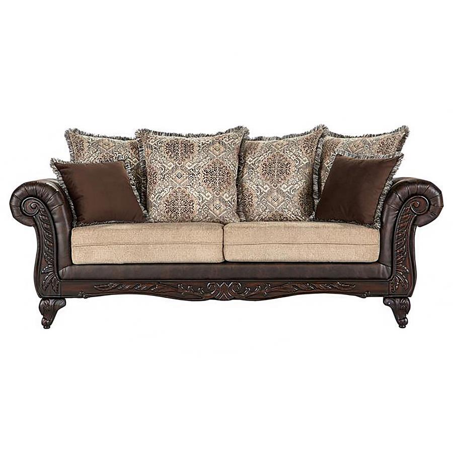 Elmbrook - Upholstered Rolled Arm Sofa Set With Intricate Wood by Coaster Fine Furniture | Bel Furniture