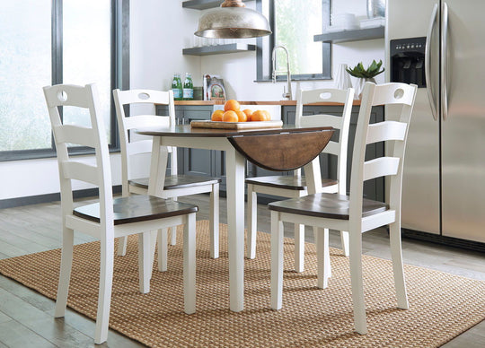Woodanville - Round Dining Table Set Light Brown 5 Pc. - Round Dining Room Drop Leaf Table, 4 Side Chairs by Signature Design by Ashley® | Bel Furniture