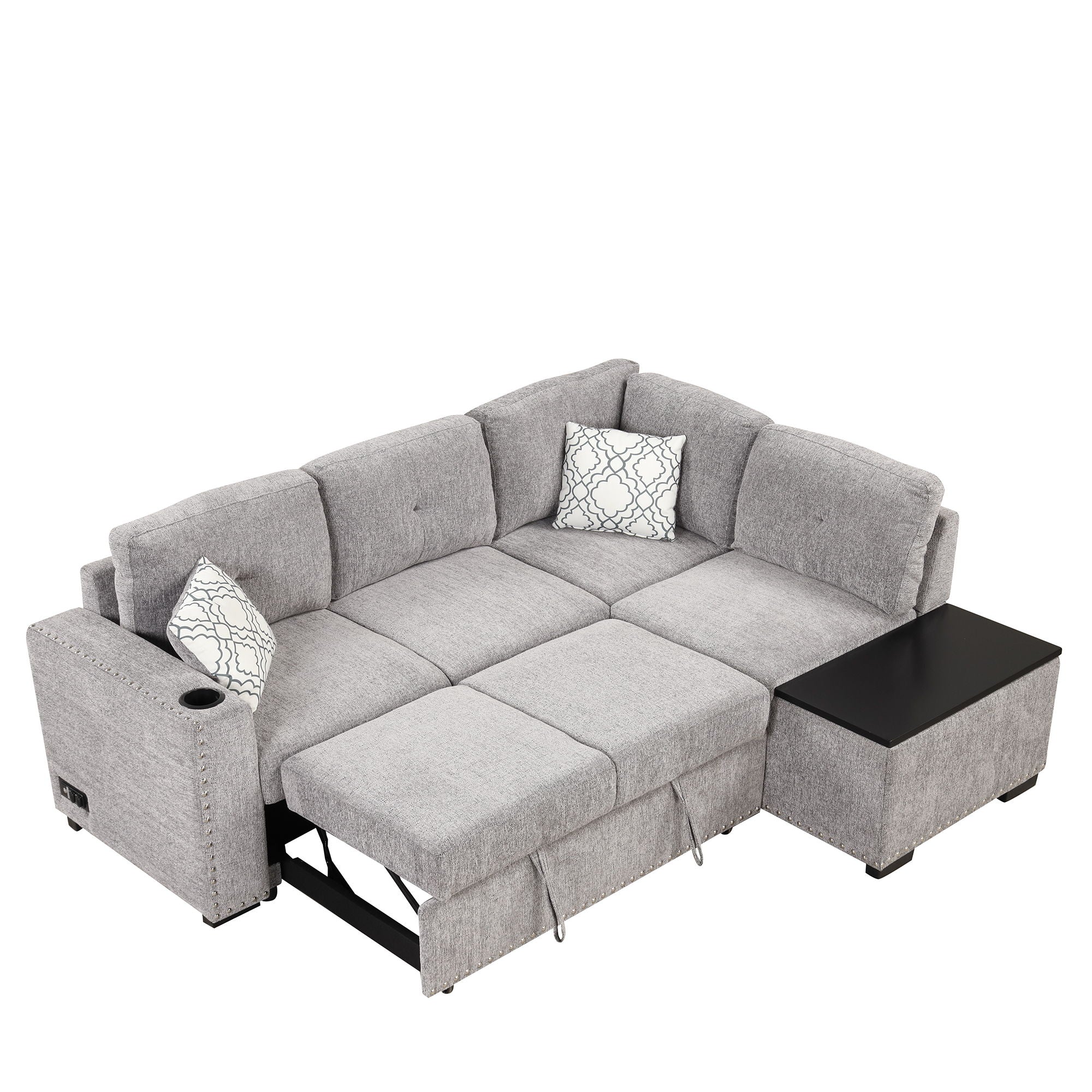 Sectional Pull-Out Sofa Bed L-Shaped Corner Sofa Couch With Storage Chaise, USB Ports, Power Sockets, Cup Holder For Living Room, Bedroom, Study