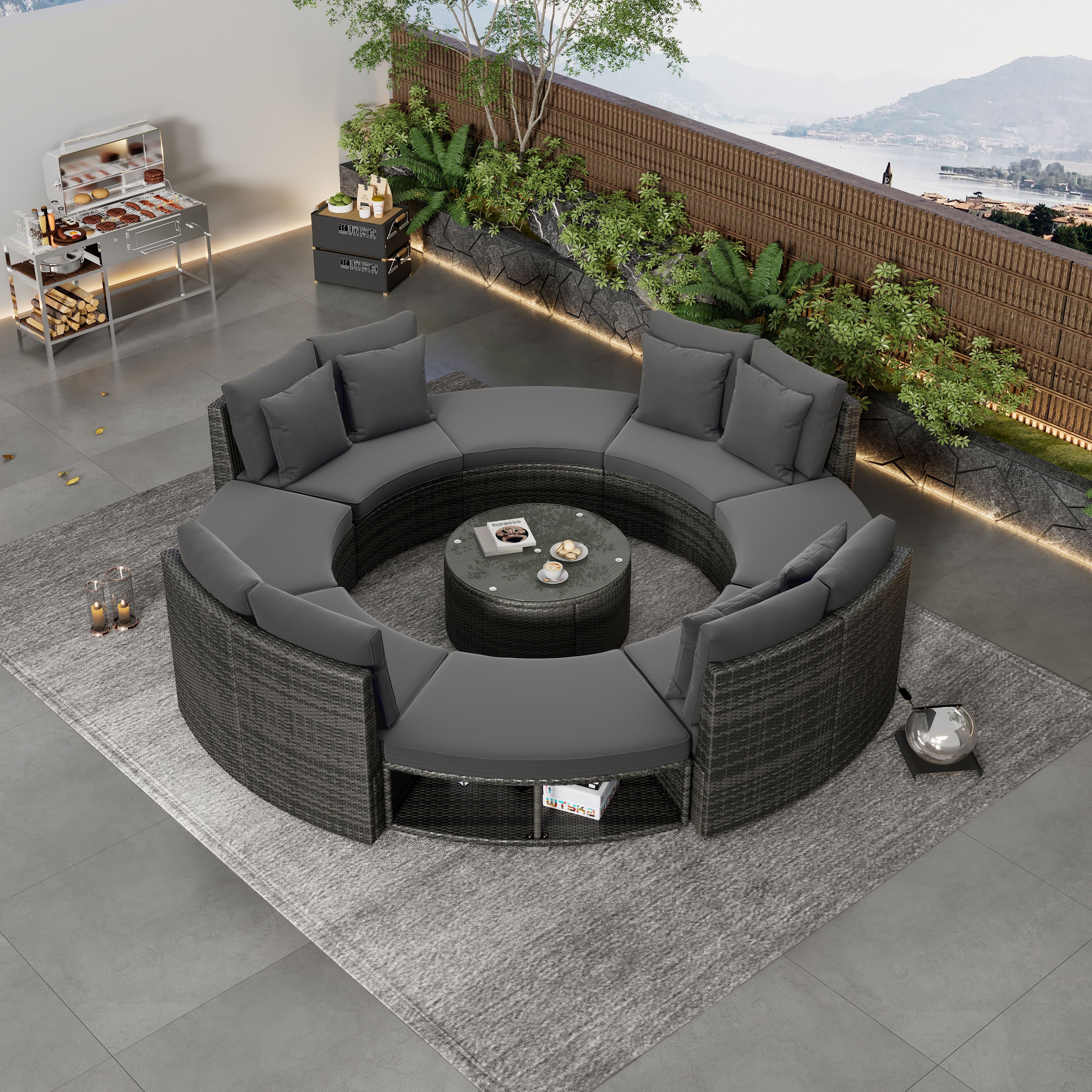 Outdoor Patio Furniture Luxury Circular Sofa Set Rattan Wicker Sectional Sofa Lounge Set With Tempered Glass Coffee Table, 6 Pillows