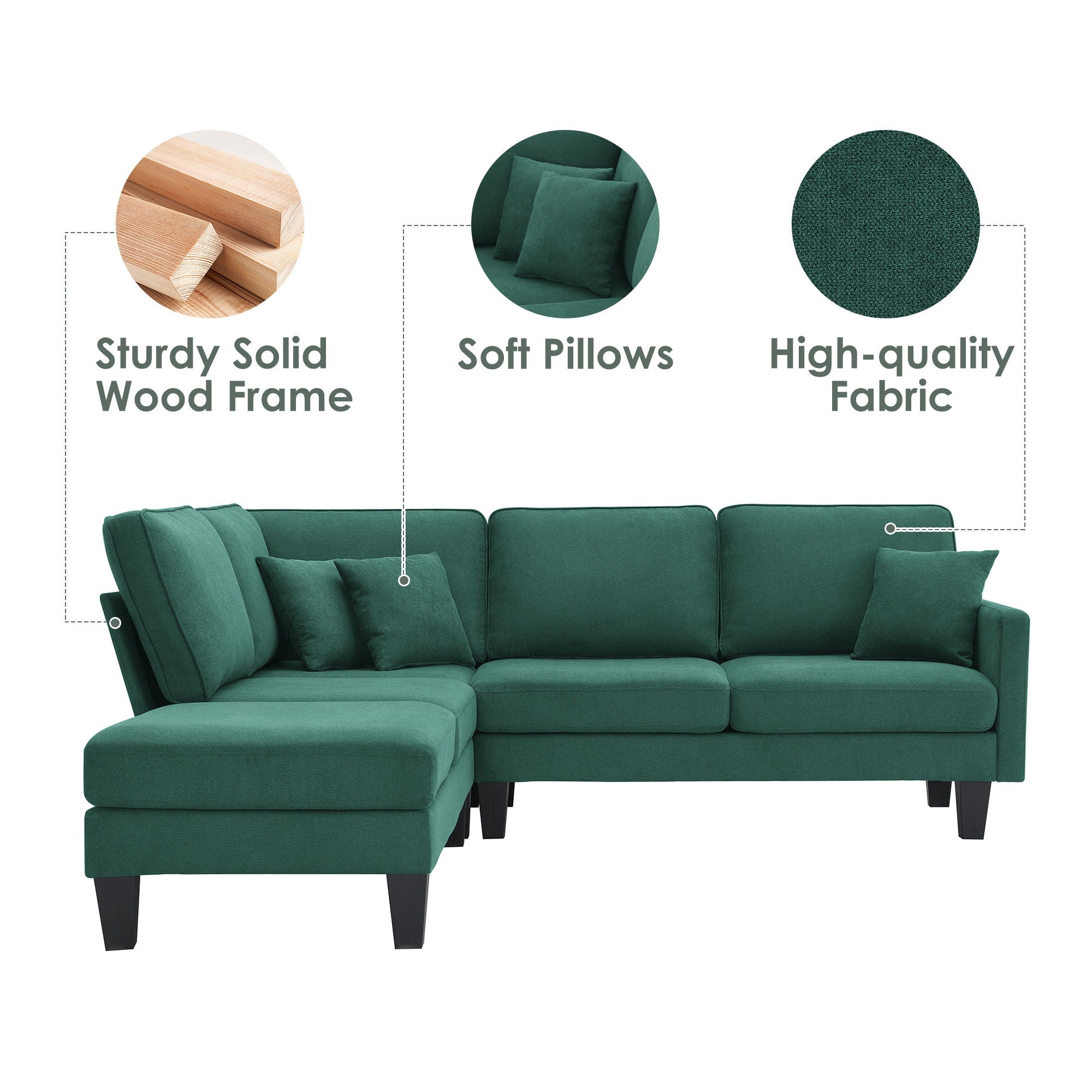 Terrycloth Modern Sectional Sofa, 5-Seat Practical Couch Set With Chaise Lounge, L-Shape Minimalist Indoor Furniture With 3 Pillows For Living Room, Apartment, Office