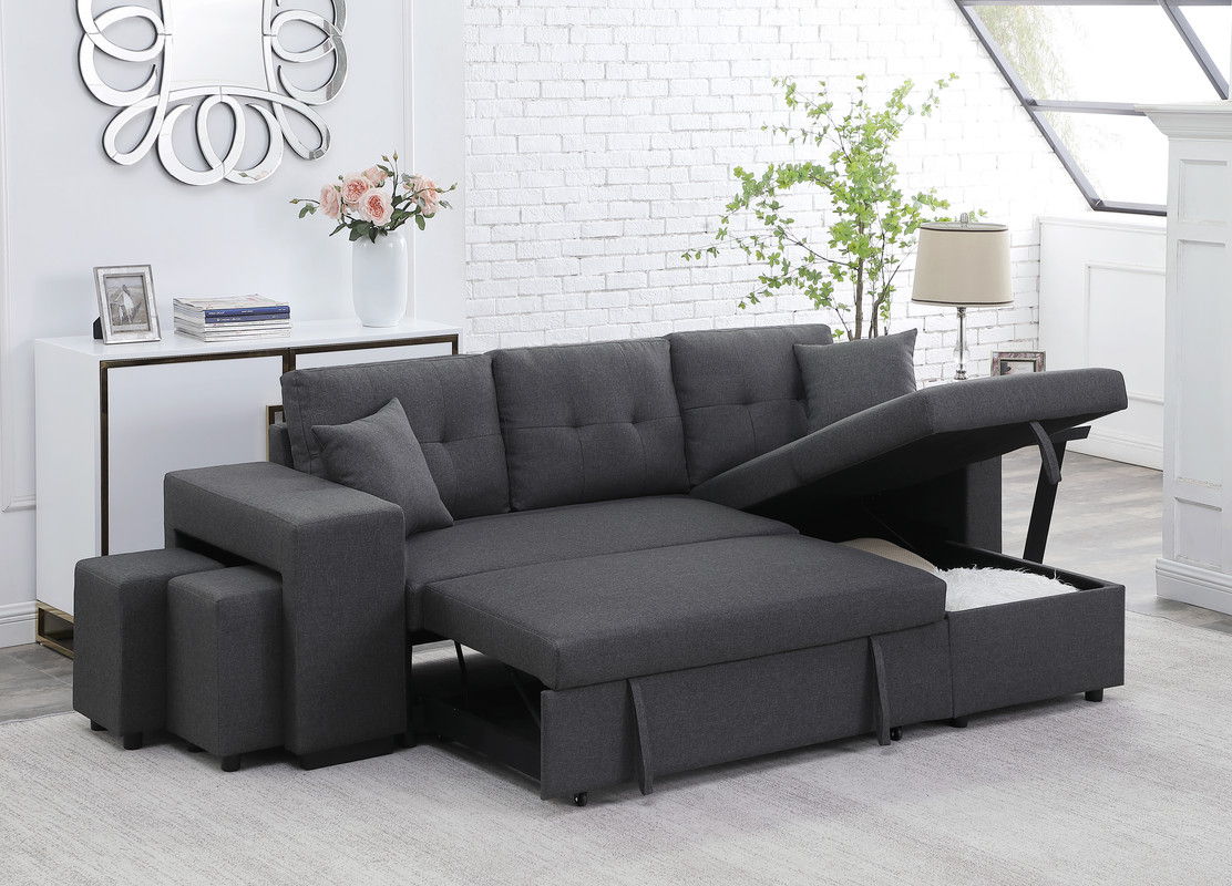 Dennis - Linen Fabric Reversible Sleeper Sectional With Storage Chaise And 2 Stools