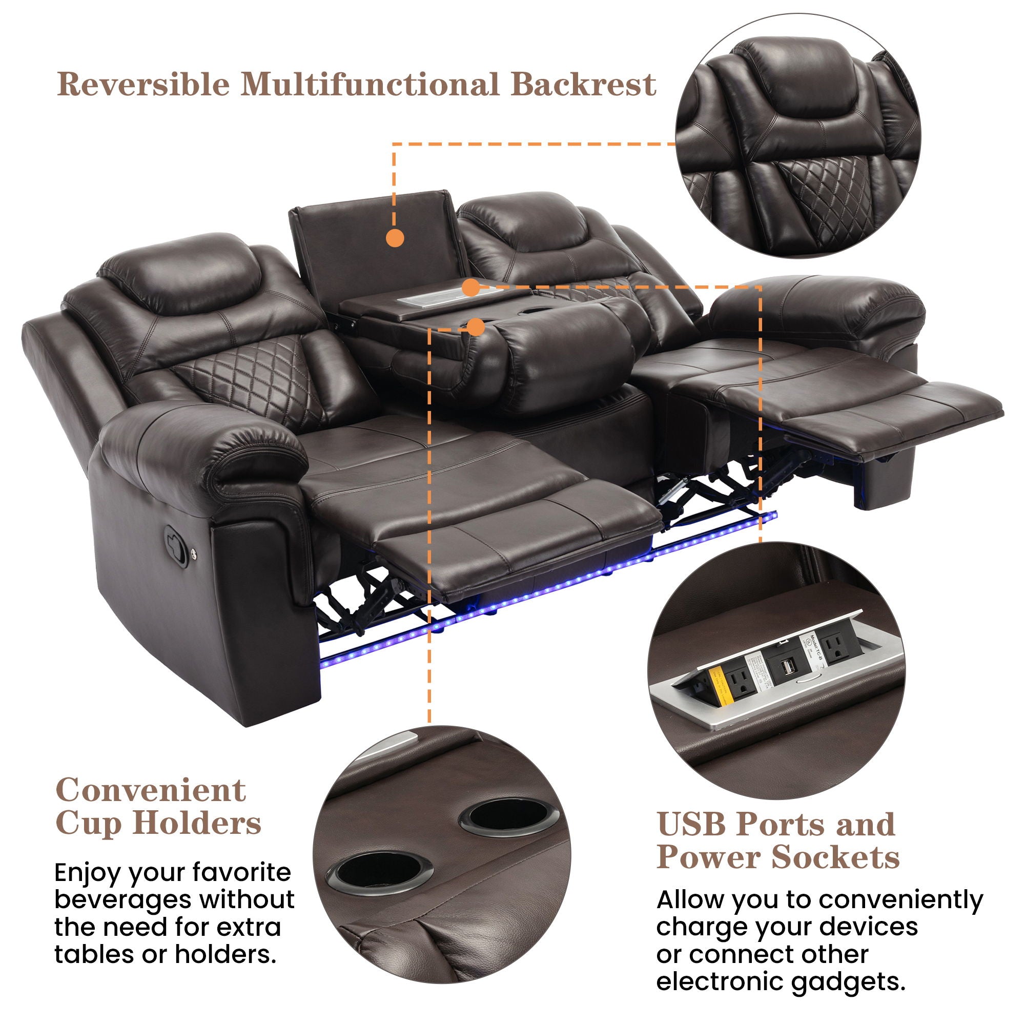 3 Pieces Recliner Sofa Sets Home Theater Seating Manual Recliner Chair With Center Console And Led Light Strip For Living Room